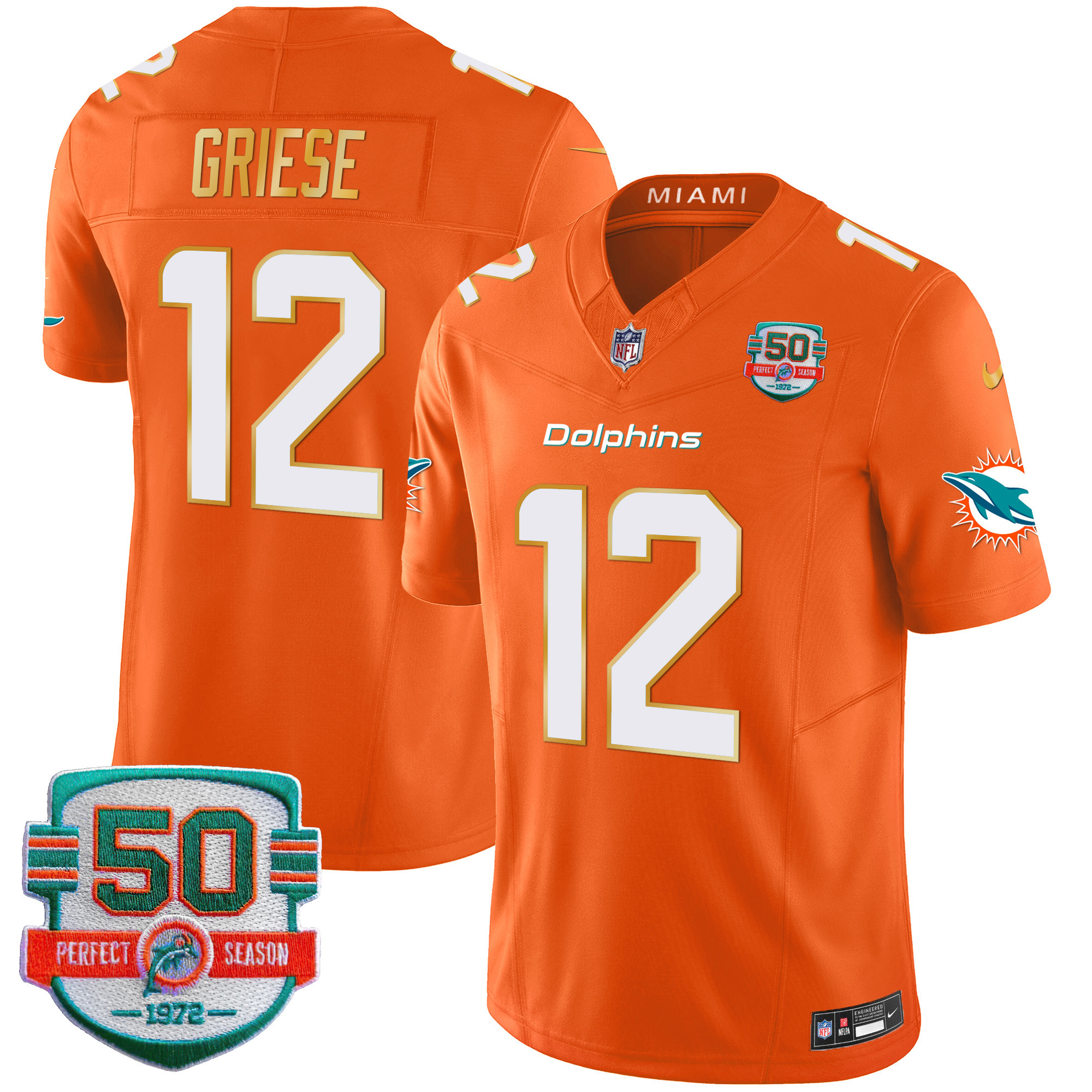 Bob Griese Men's Miami Dolphins Gold Trim Vapor Limited Orange Jersey - All Stitched