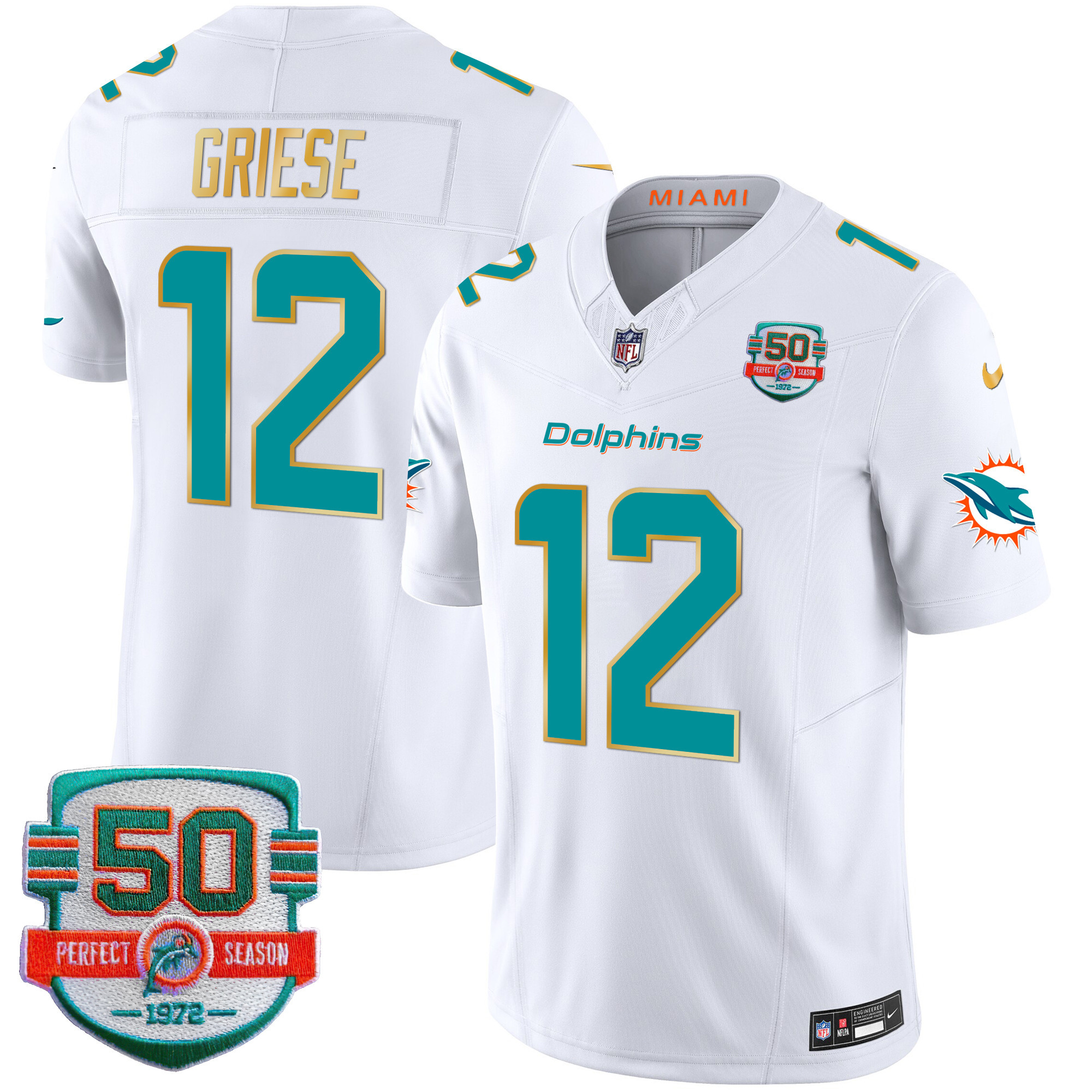 Bob Griese Men's Miami Dolphins Gold Trim Vapor Limited White Jersey - All Stitched