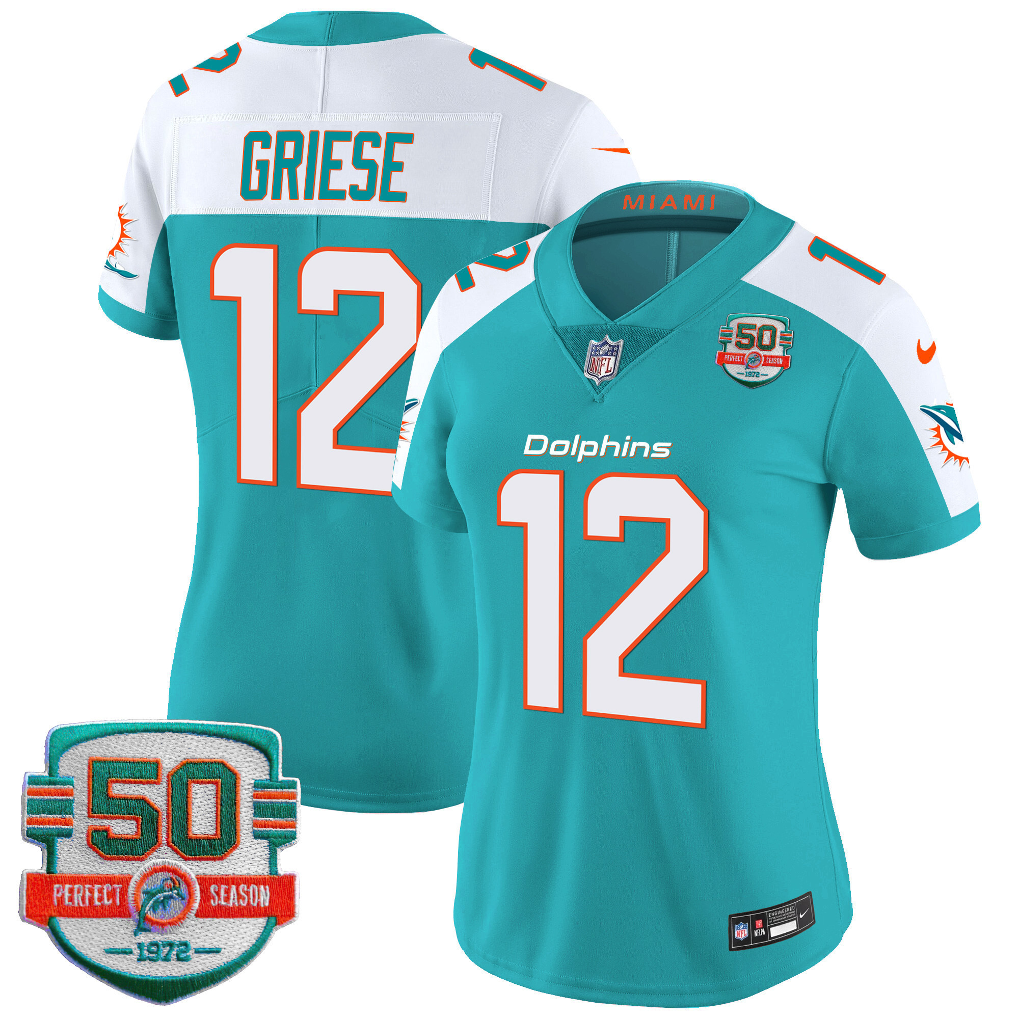 Bob Griese Women's Miami Dolphins 50th 1972 Perfect Season Patch Vapor Aqua Alternate Jersey - All Stitched