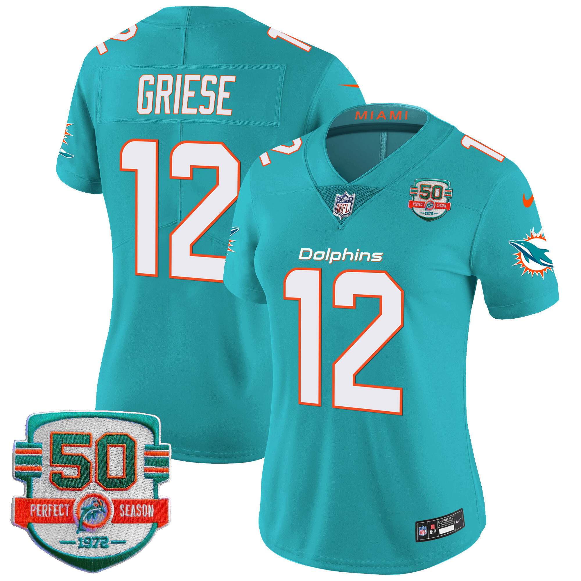 Bob Griese Women's Miami Dolphins 50th 1972 Perfect Season Patch Vapor Aqua Jersey - All Stitched