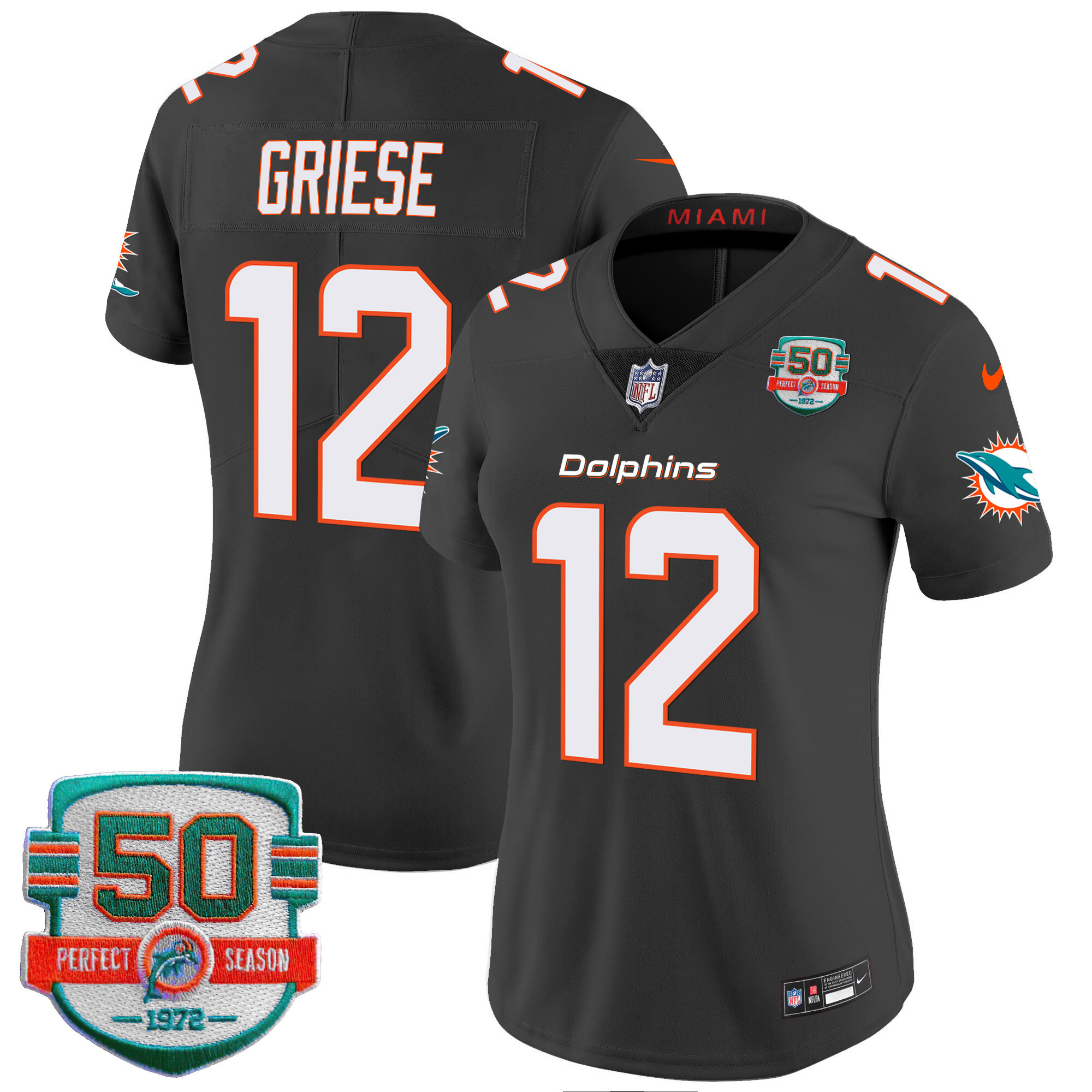 Bob Griese Women's Miami Dolphins 50th 1972 Perfect Season Patch Vapor Black Jersey - All Stitched