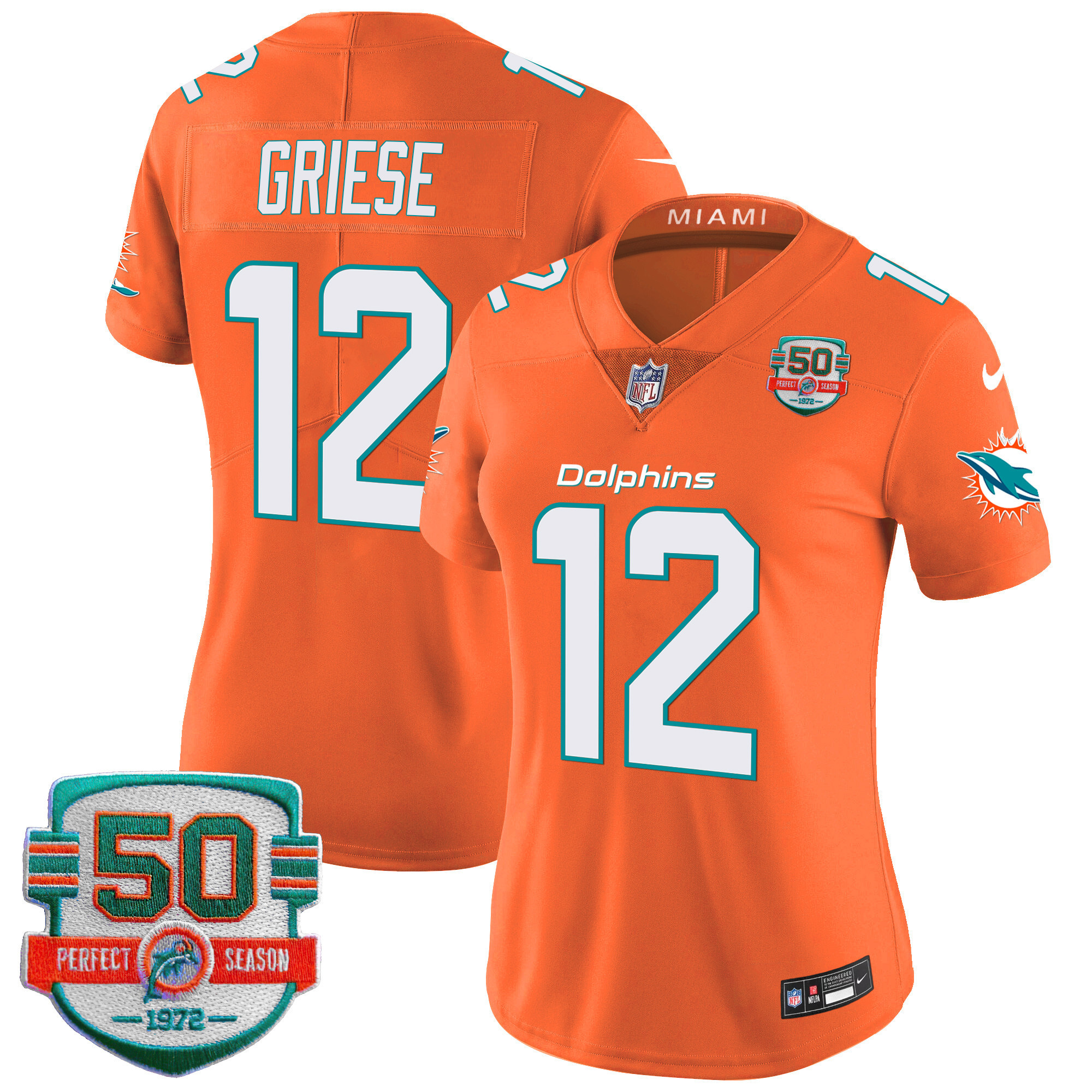 Bob Griese Women's Miami Dolphins 50th 1972 Perfect Season Patch Vapor Orange Jersey - All Stitched