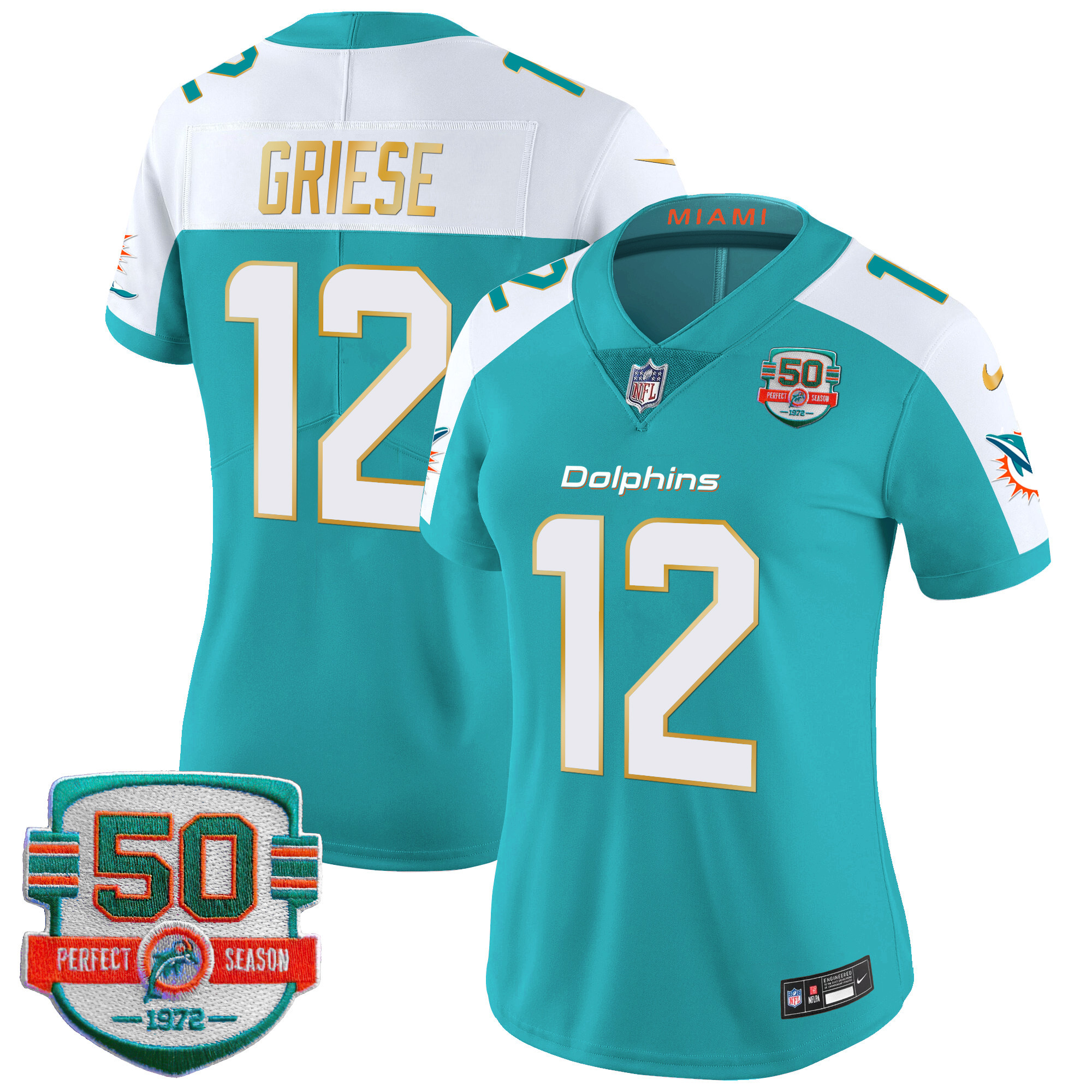 Bob Griese Women's Miami Dolphins Gold Trim Vapor Limited Aqua Alternate Jersey - All Stitched