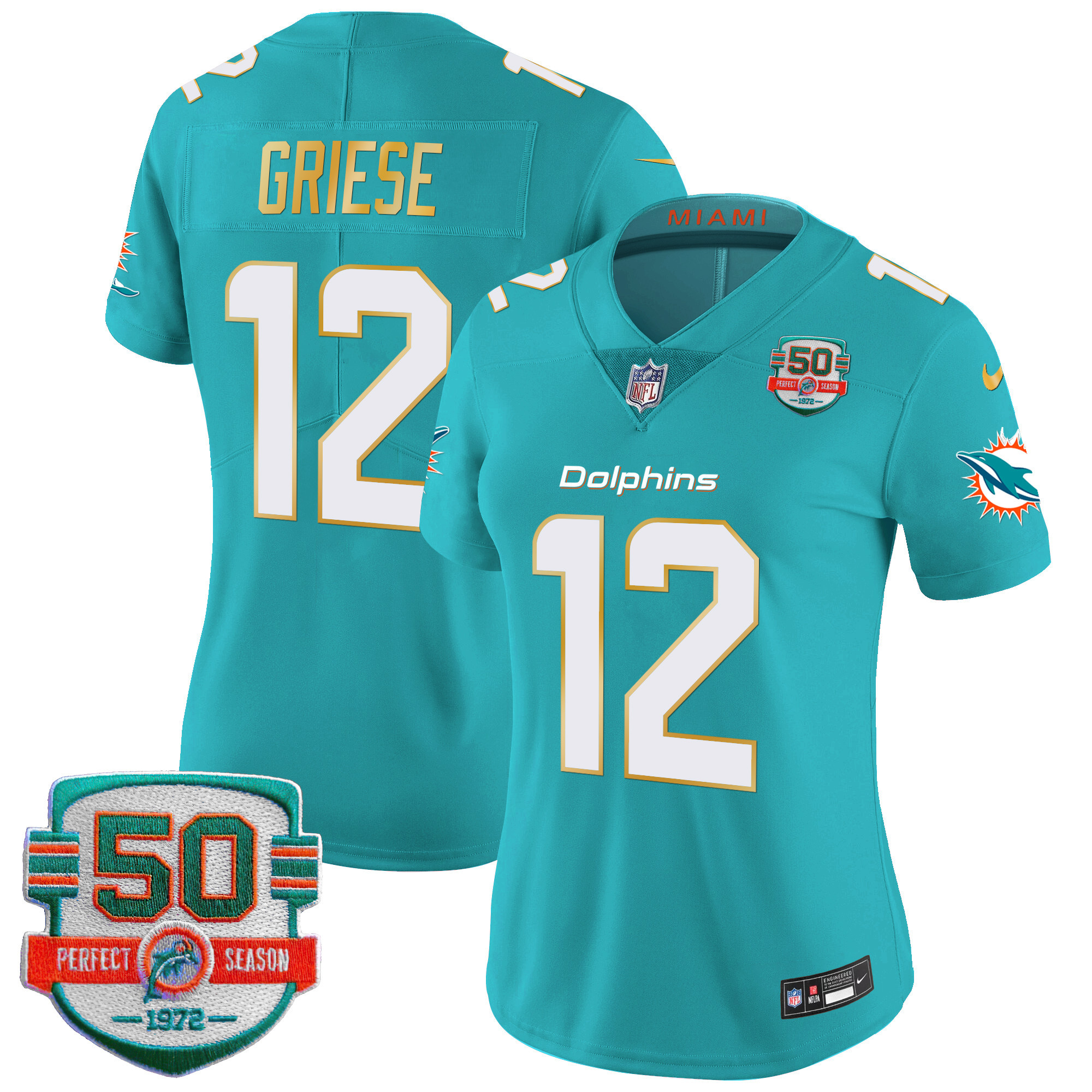 Bob Griese Women's Miami Dolphins Gold Trim Vapor Limited Aqua Jersey - All Stitched