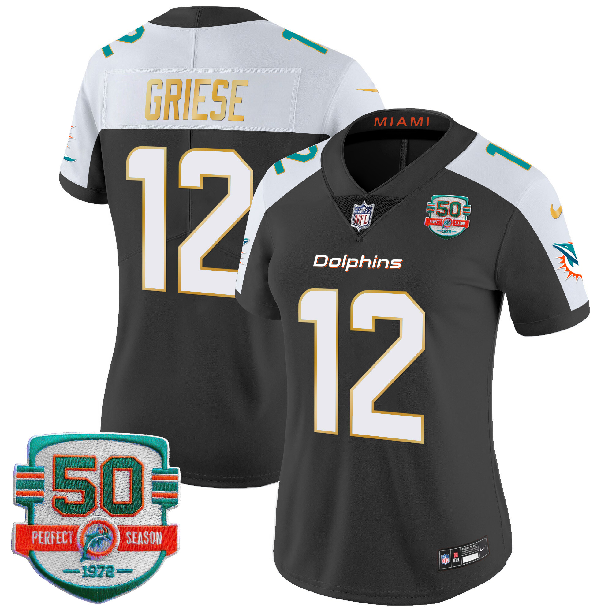 Bob Griese Women's Miami Dolphins Gold Trim Vapor Limited Black Alternate Jersey - All Stitched