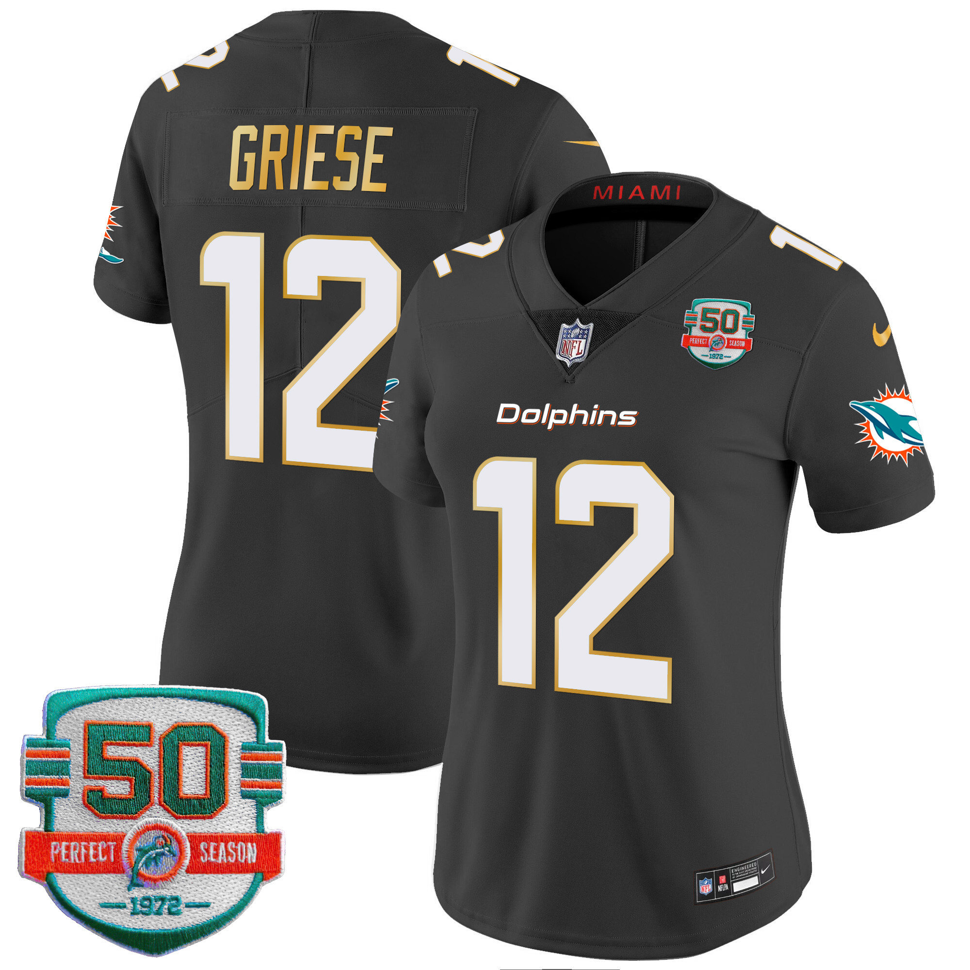 Bob Griese Women's Miami Dolphins Gold Trim Vapor Limited Black Jersey - All Stitched
