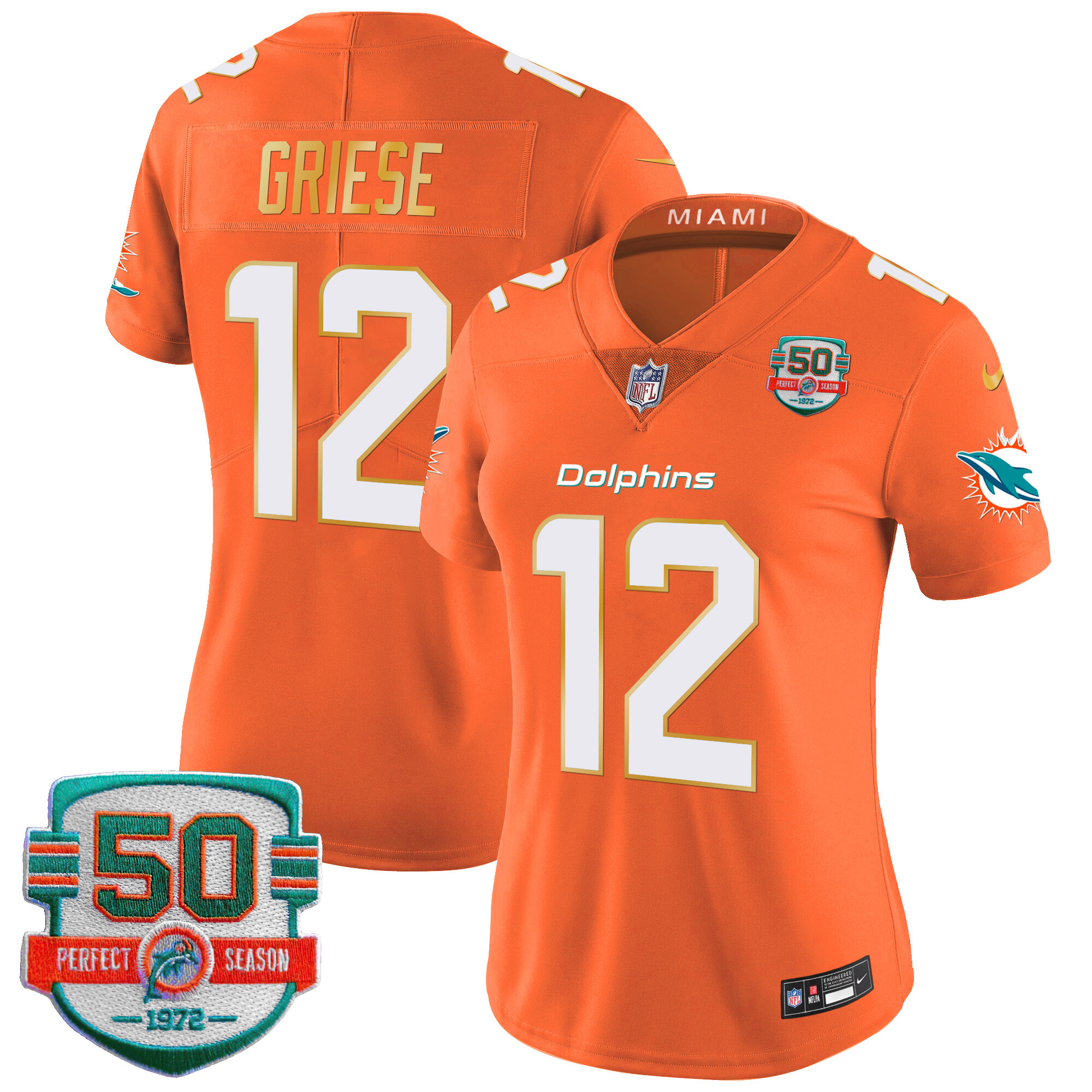 Bob Griese Women's Miami Dolphins Gold Trim Vapor Limited Orange Jersey - All Stitched