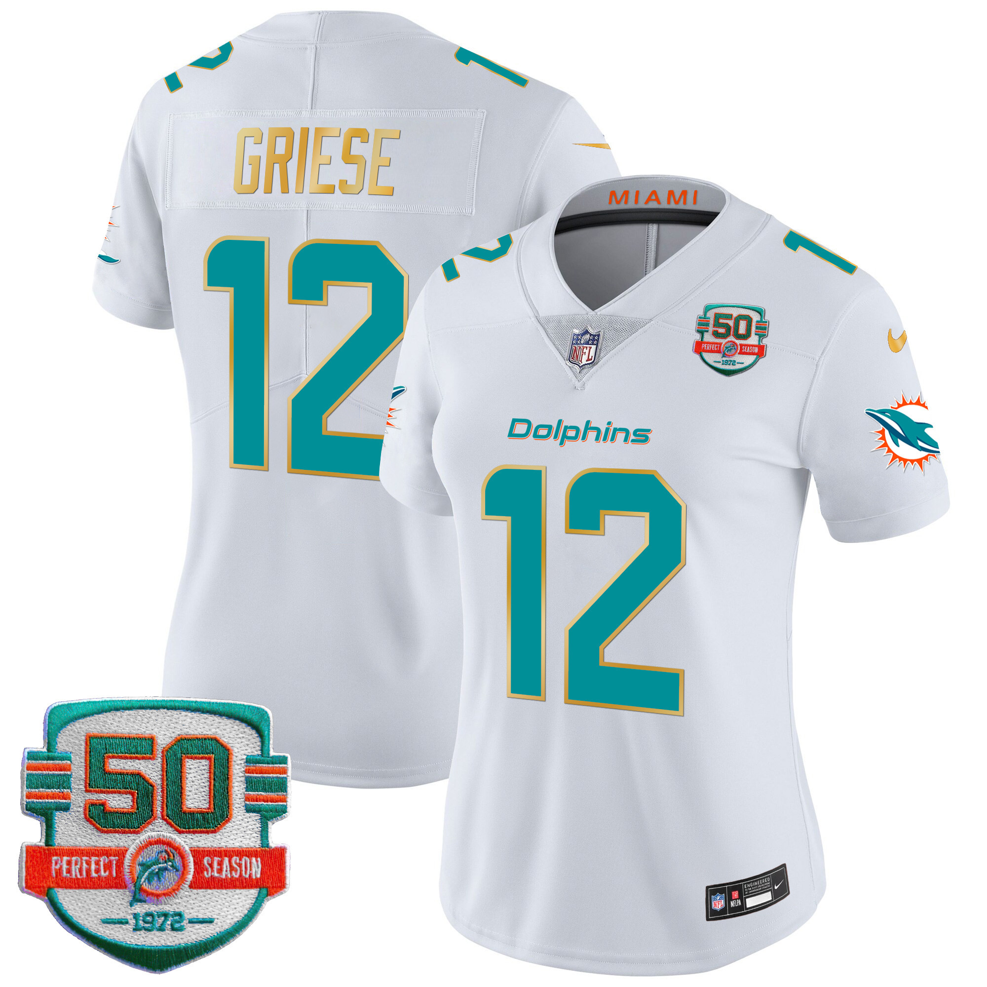 Bob Griese Women's Miami Dolphins Gold Trim Vapor Limited White Jersey - All Stitched
