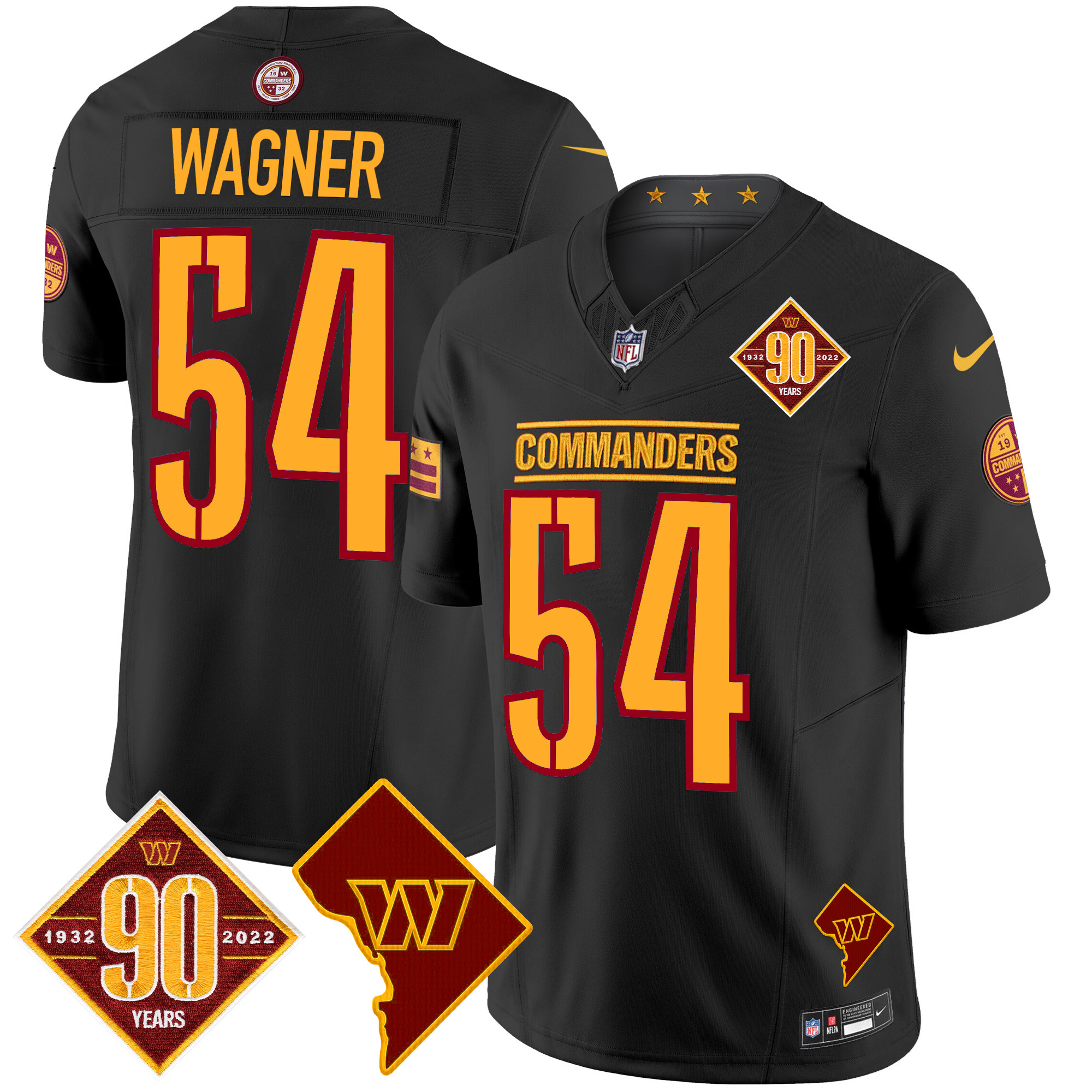 Bobby Wagner Men's Washington Commanders 90th Anniversary & Home Patch Vapor Limited Black Jersey - All Stitched