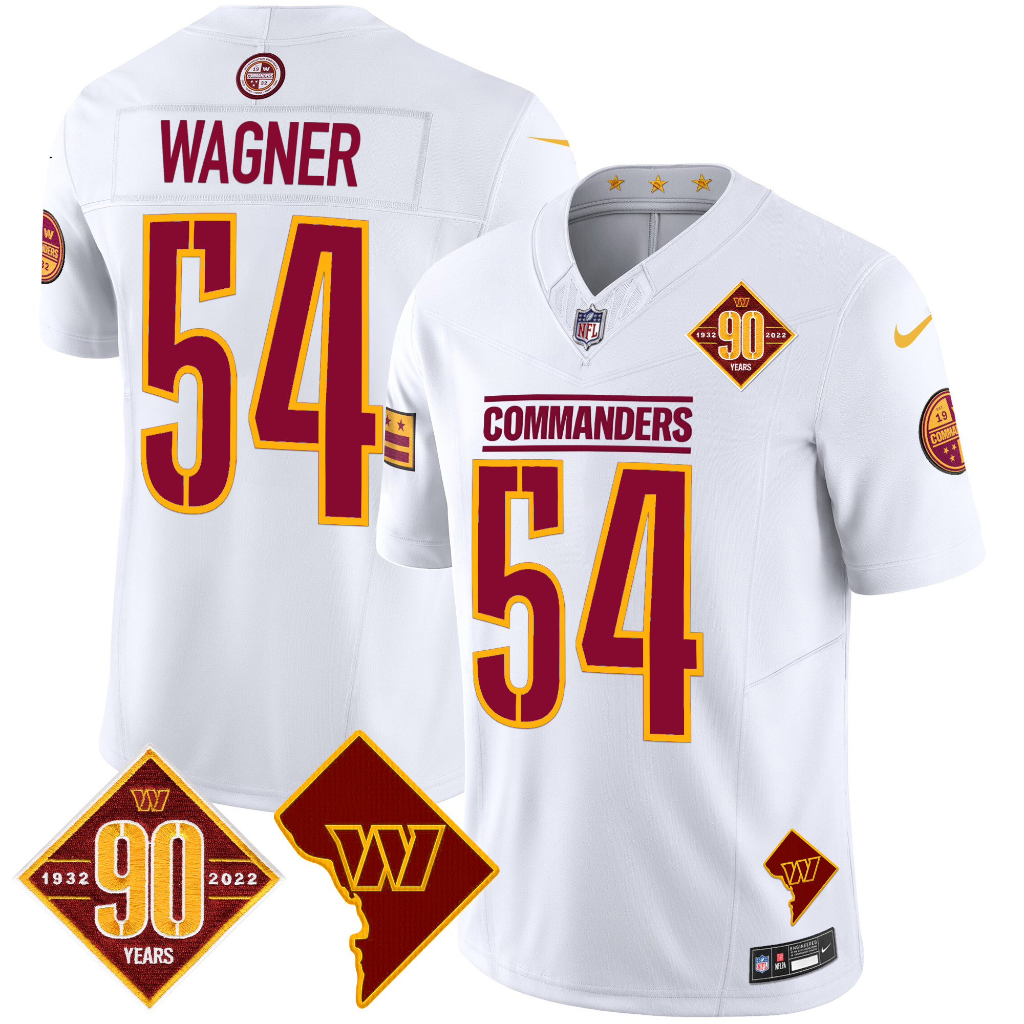 Bobby Wagner Men's Washington Commanders 90th Anniversary & Home Patch Vapor Limited White Jersey - All Stitched