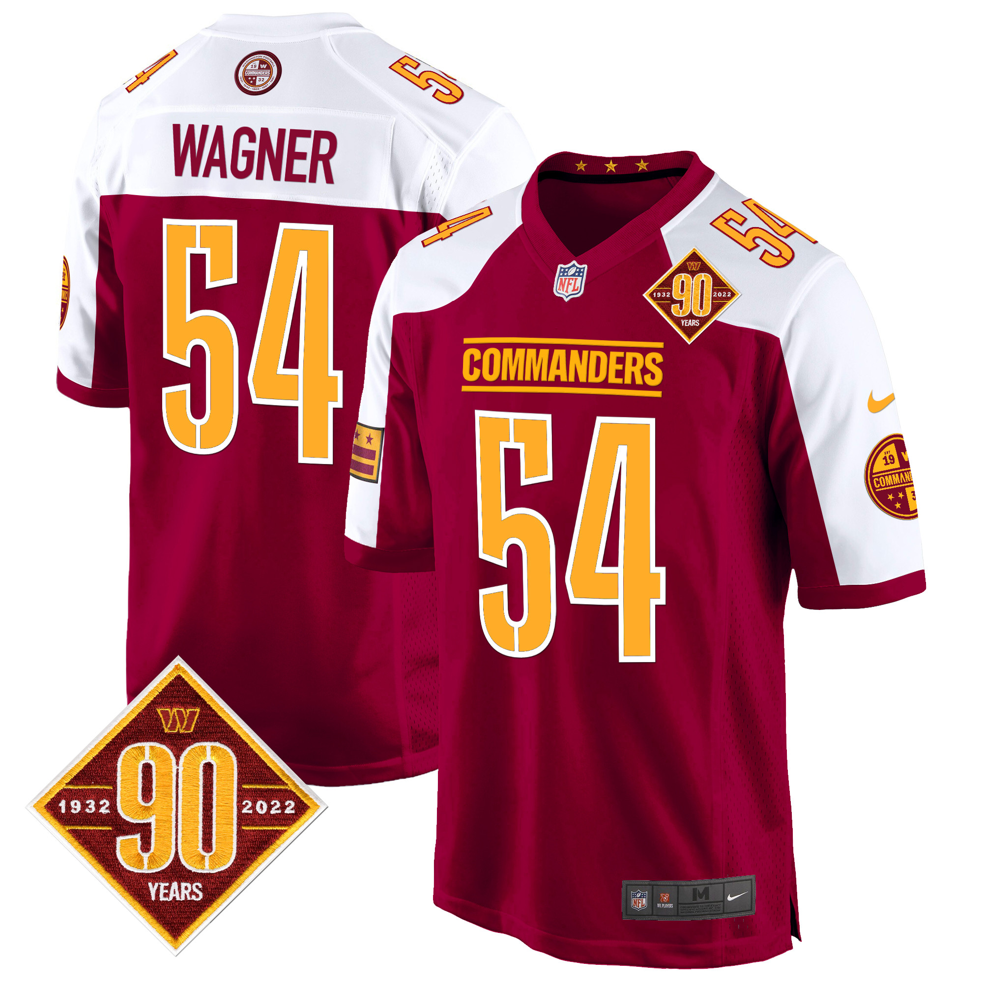 Bobby Wagner Men's Washington Commanders 90th Anniversary Patch Game Burgundy Alternate Jersey - All Stitched