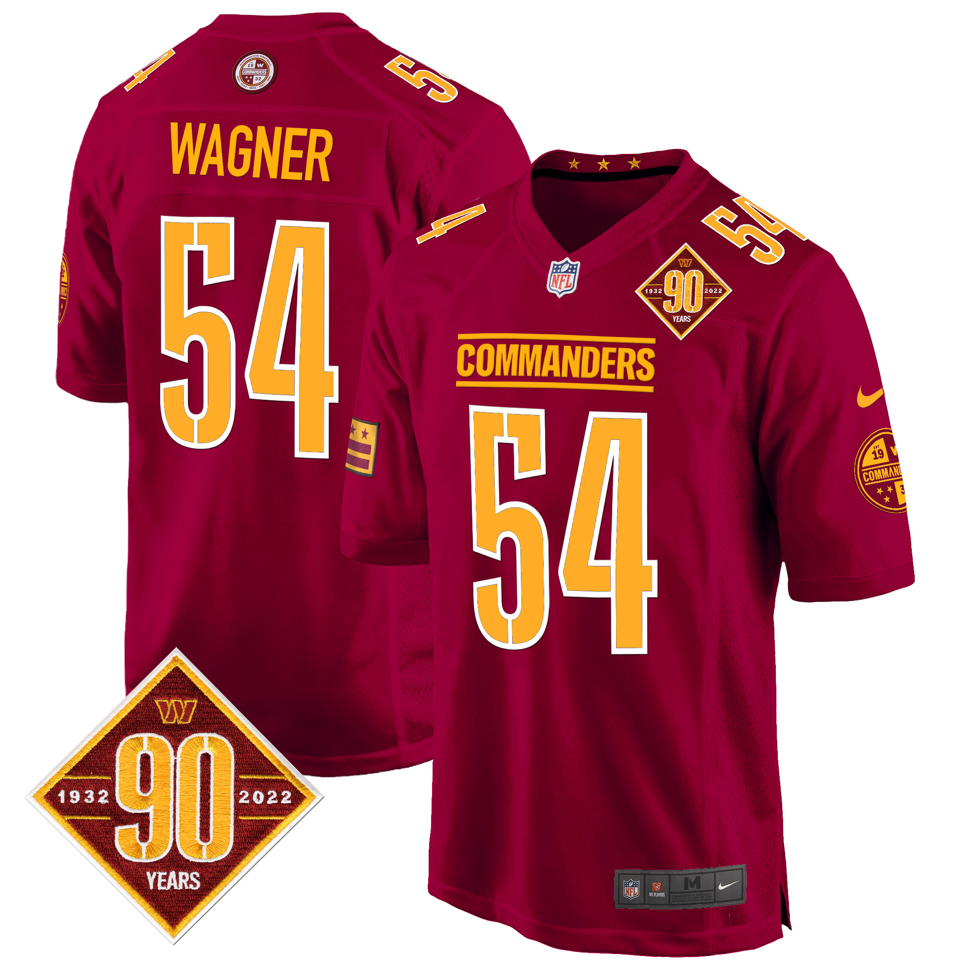 Bobby Wagner Men's Washington Commanders 90th Anniversary Patch Game Burgundy Jersey - All Stitched