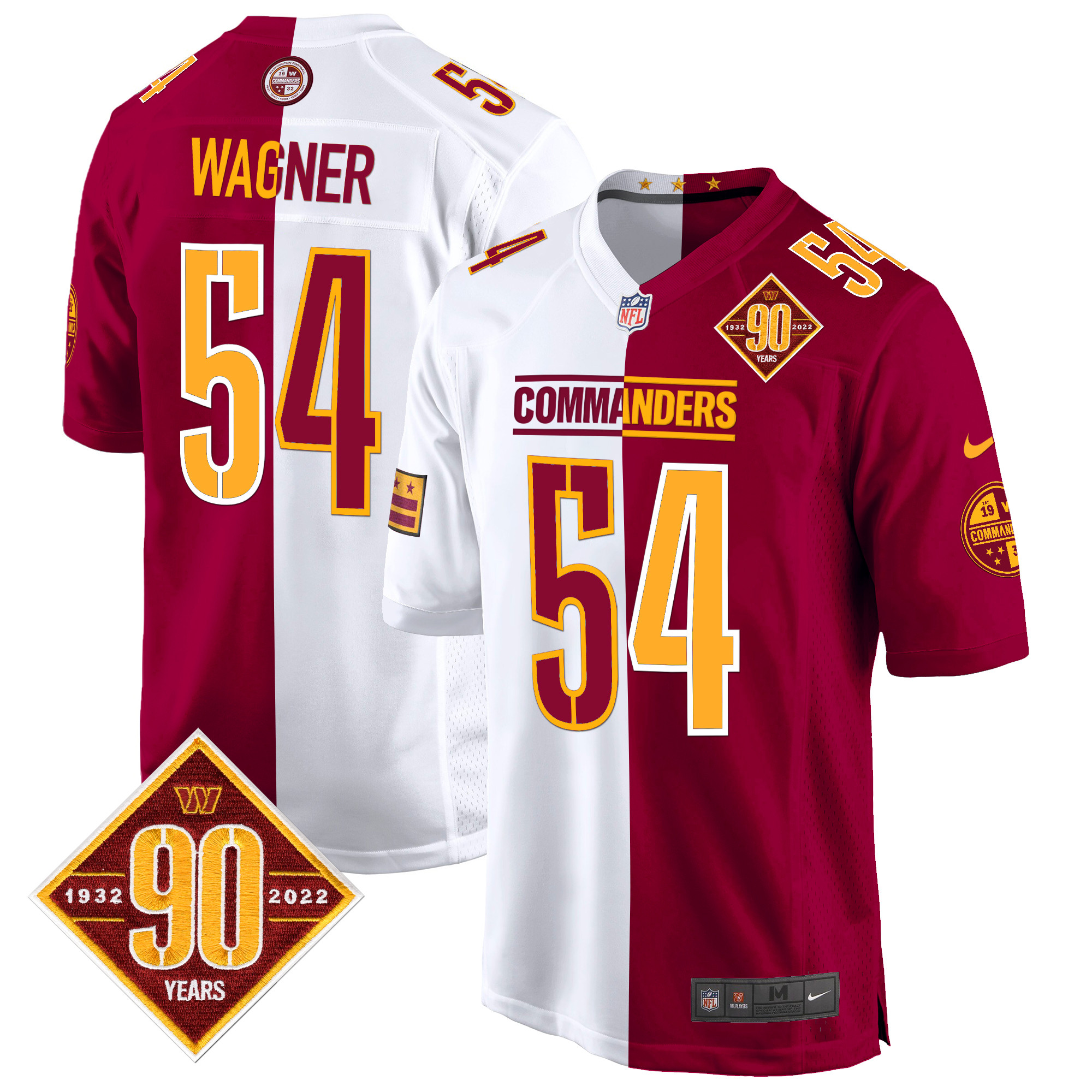 Bobby Wagner Men's Washington Commanders 90th Anniversary Patch Game Half Jersey - All Stitched