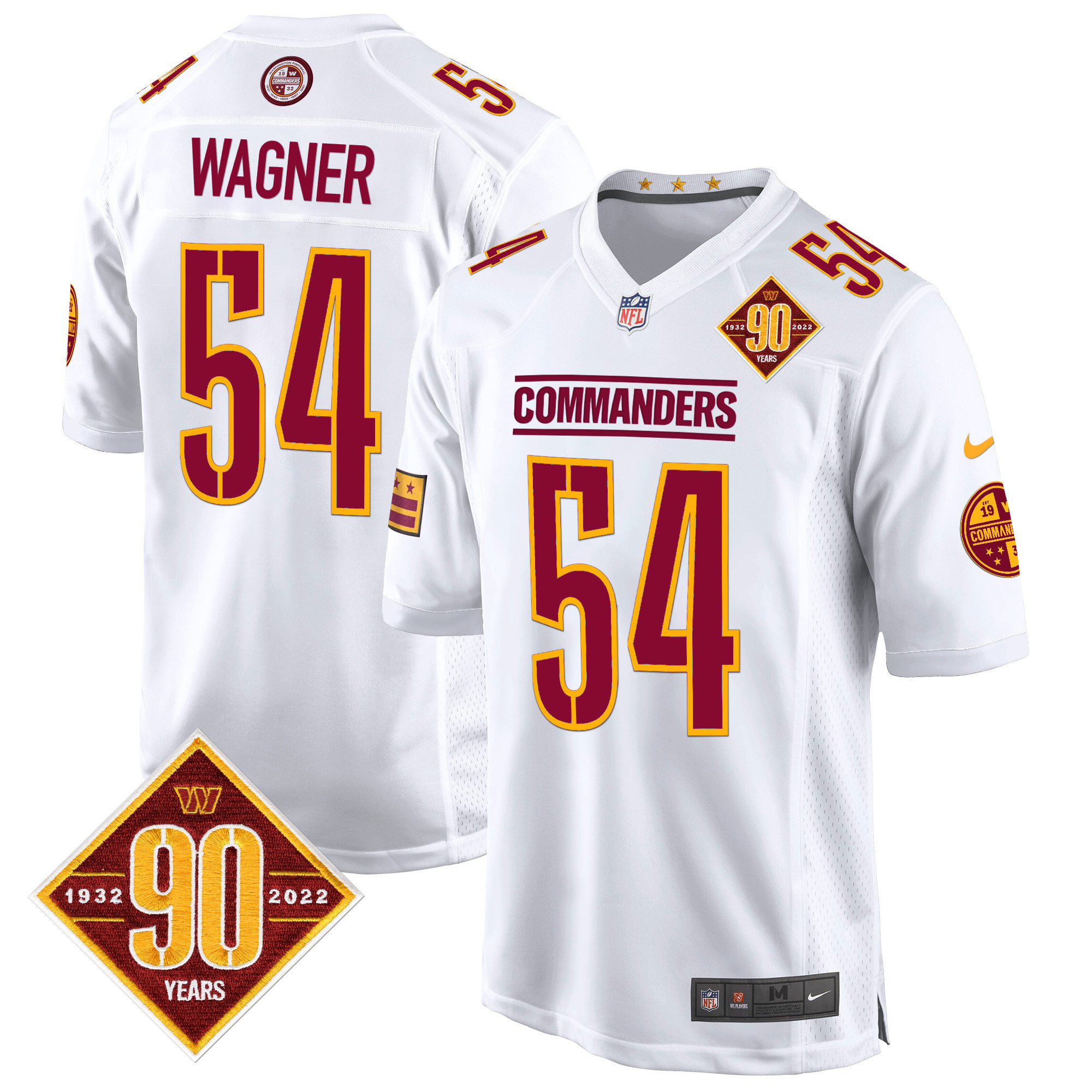 Bobby Wagner Men's Washington Commanders 90th Anniversary Patch Game White Jersey - All Stitched