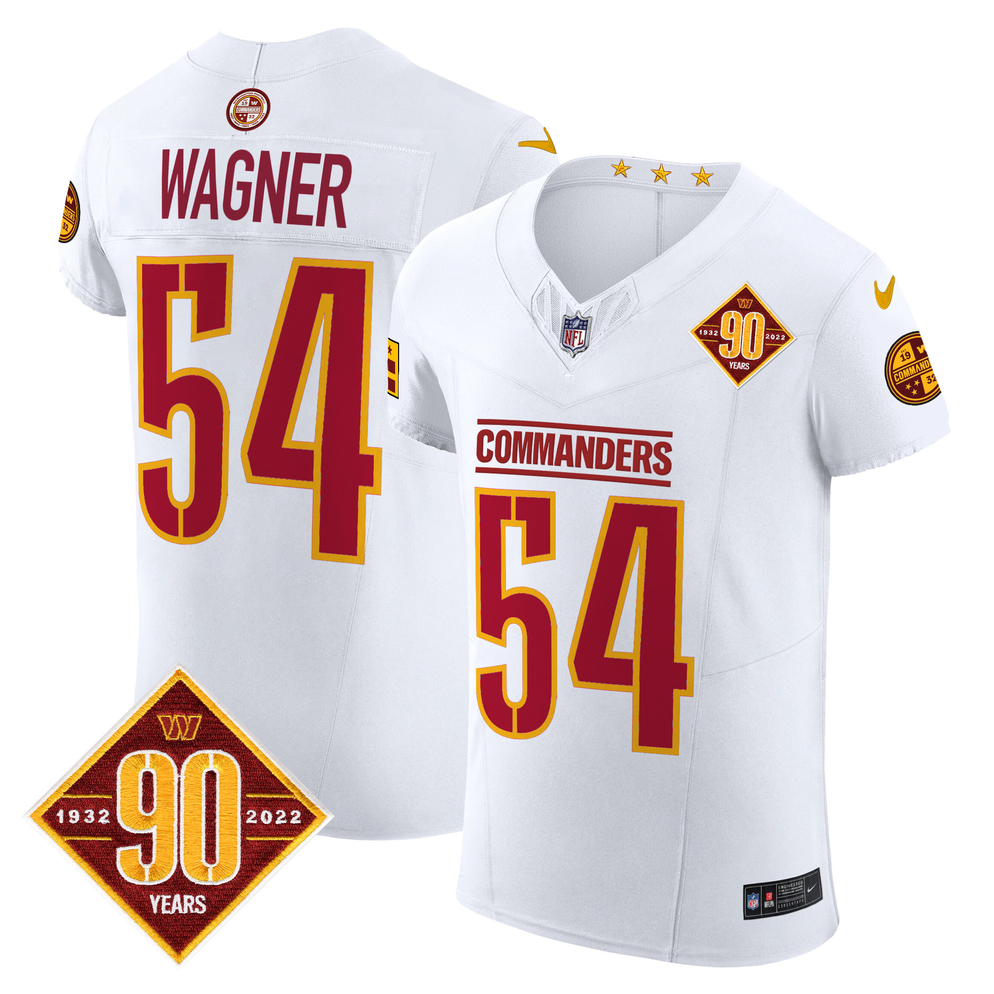 Bobby Wagner Men's Washington Commanders 90th Anniversary Patch Vapor Elite White Jersey - All Stitched