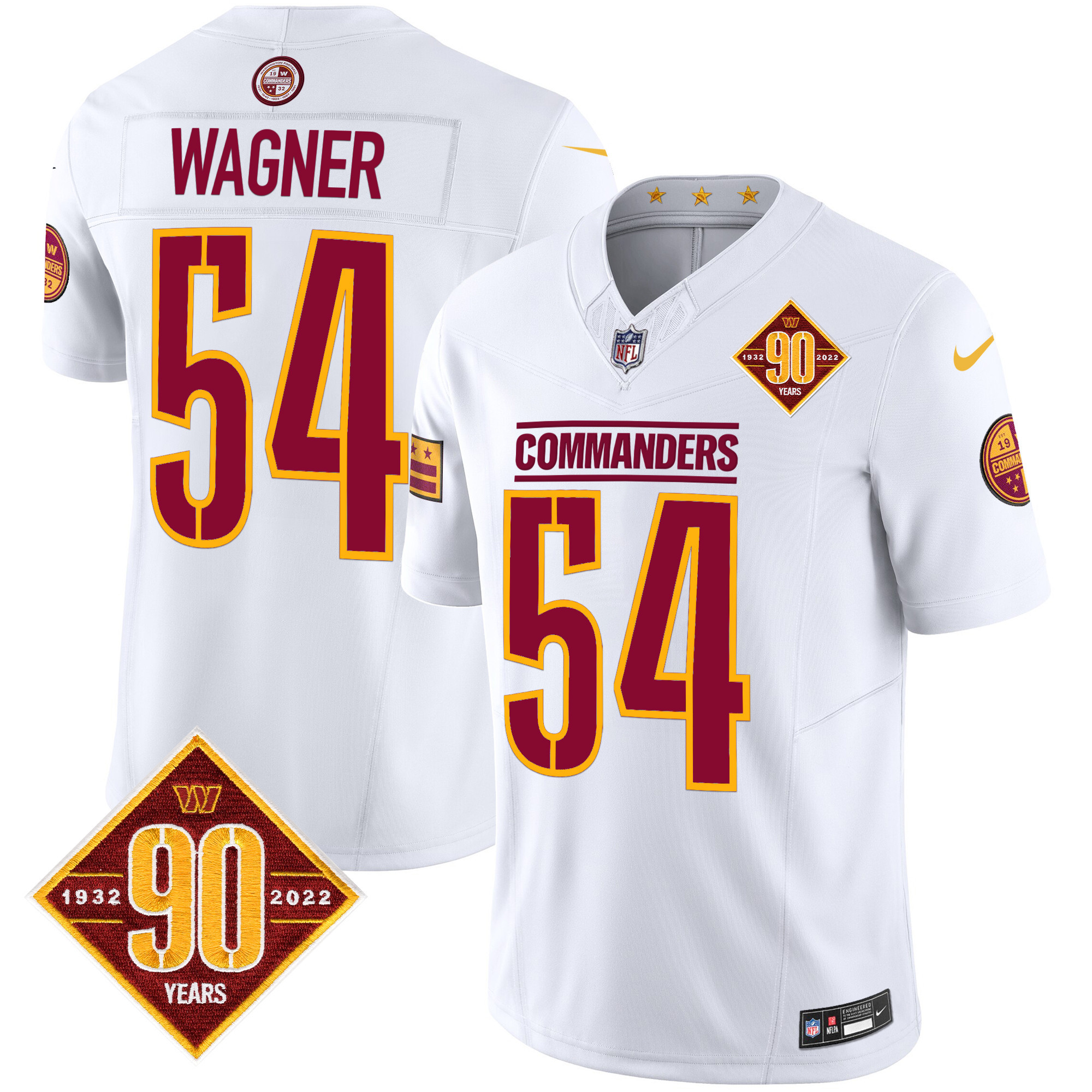 Bobby Wagner Men's Washington Commanders 90th Anniversary Patch Vapor Limited White Jersey - All Stitched