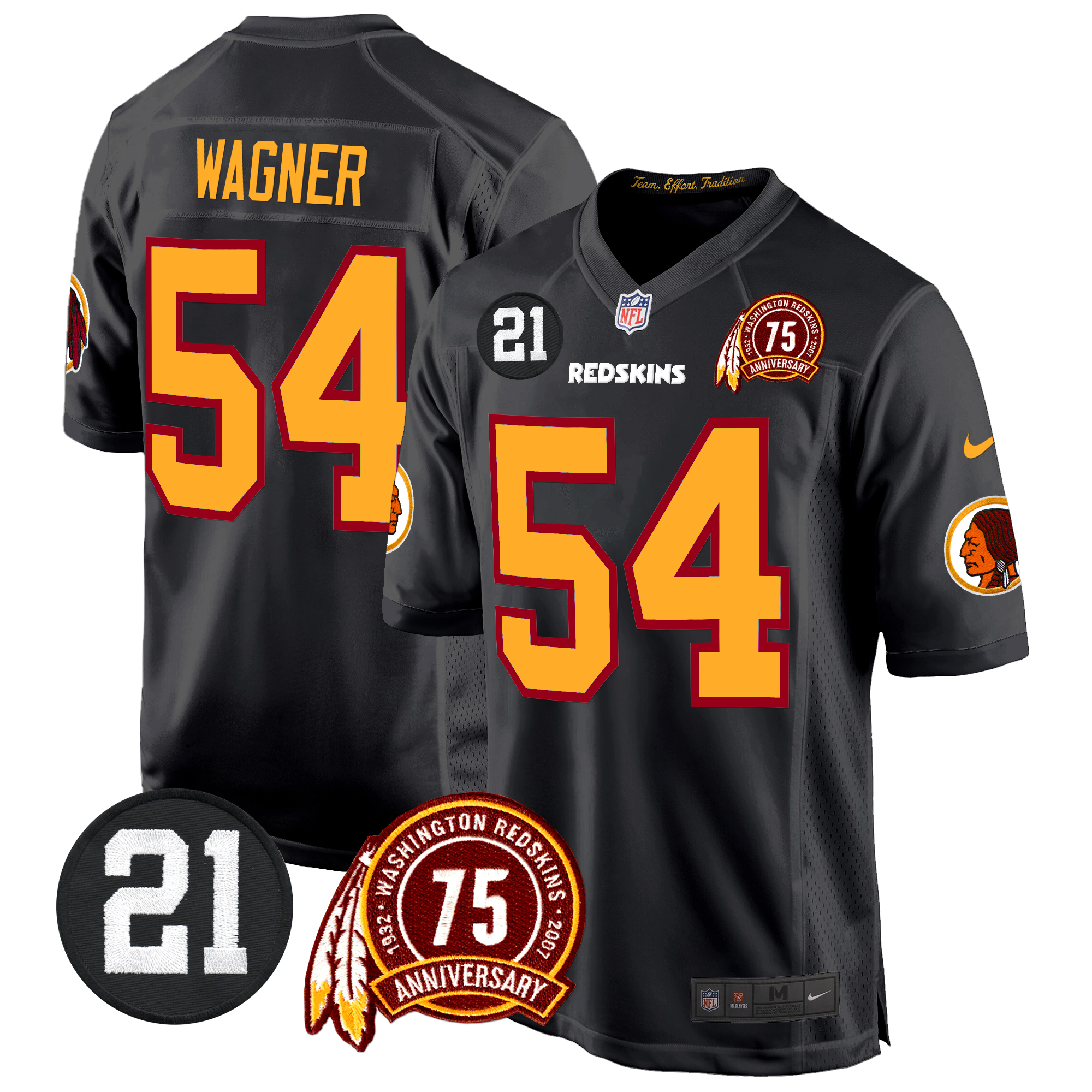 Bobby Wagner Men's Washington Redskins 75th & Sean Taylor Patch Game Black Jersey - All Stitched