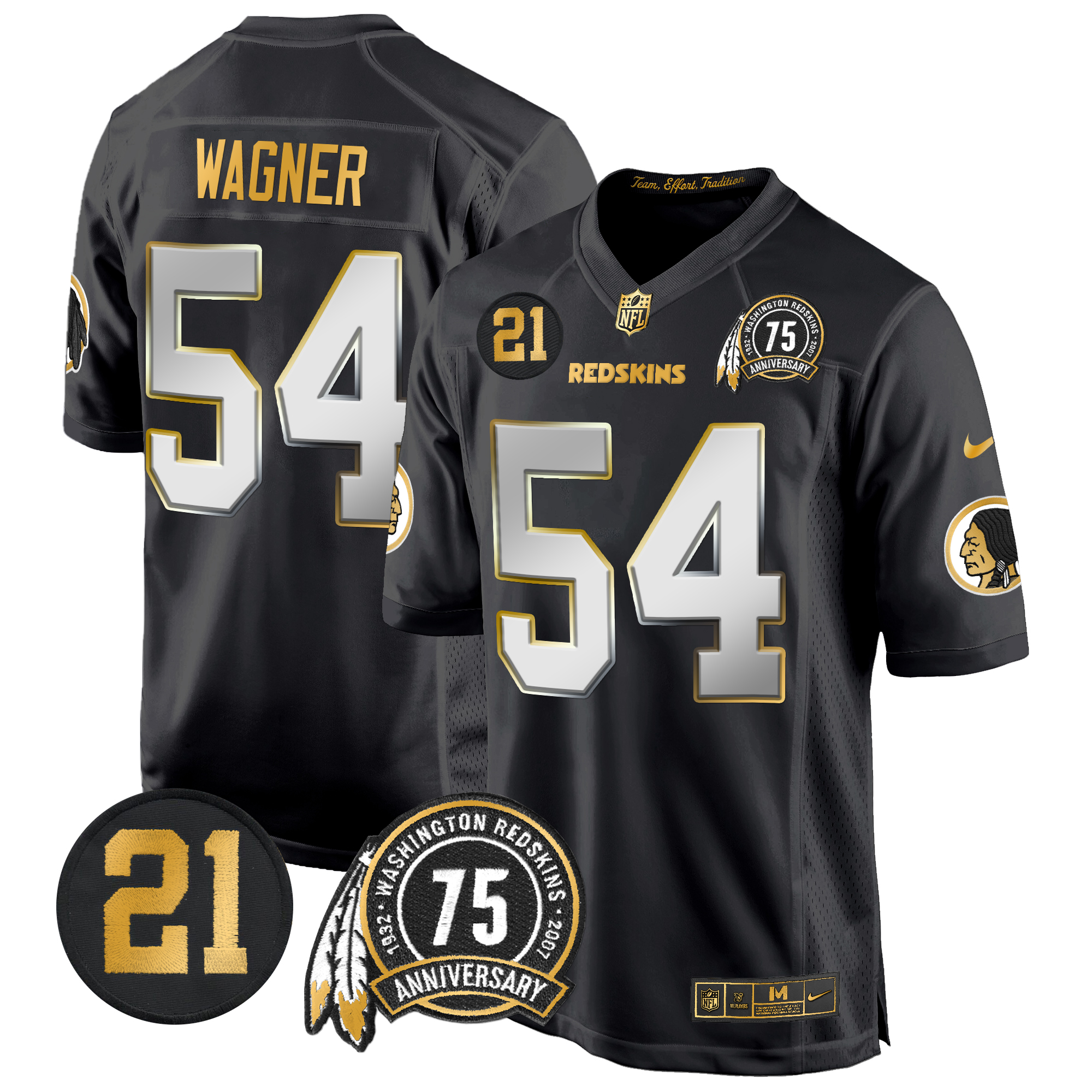 Bobby Wagner Men's Washington Redskins 75th & Sean Taylor Patch Gold Game Black Limited Jersey - All Stitched