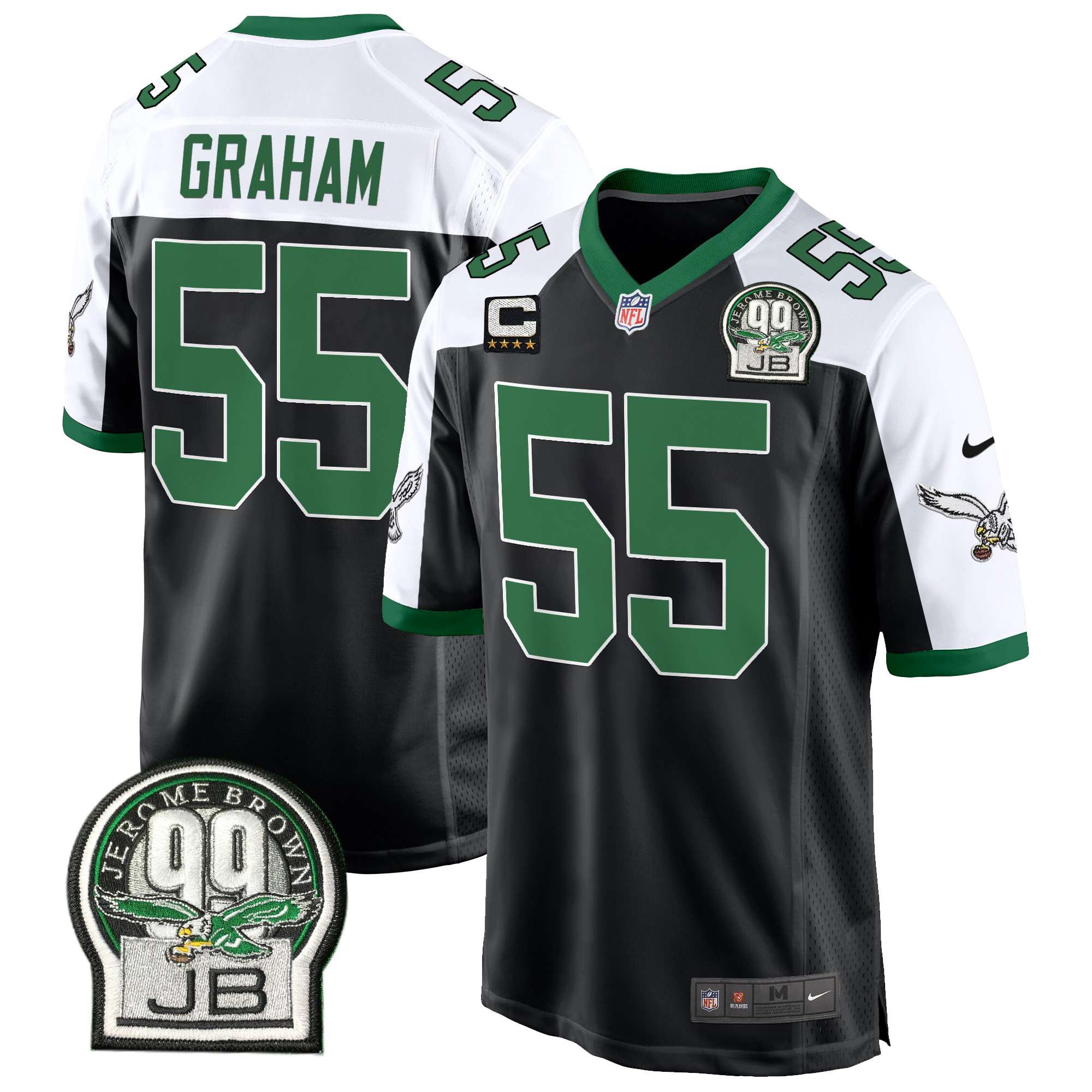 Brandon Graham Men's Philadelphia Eagles Jerome Brown Patch Kelly Green Game Black Alternate Jersey - All Stitched