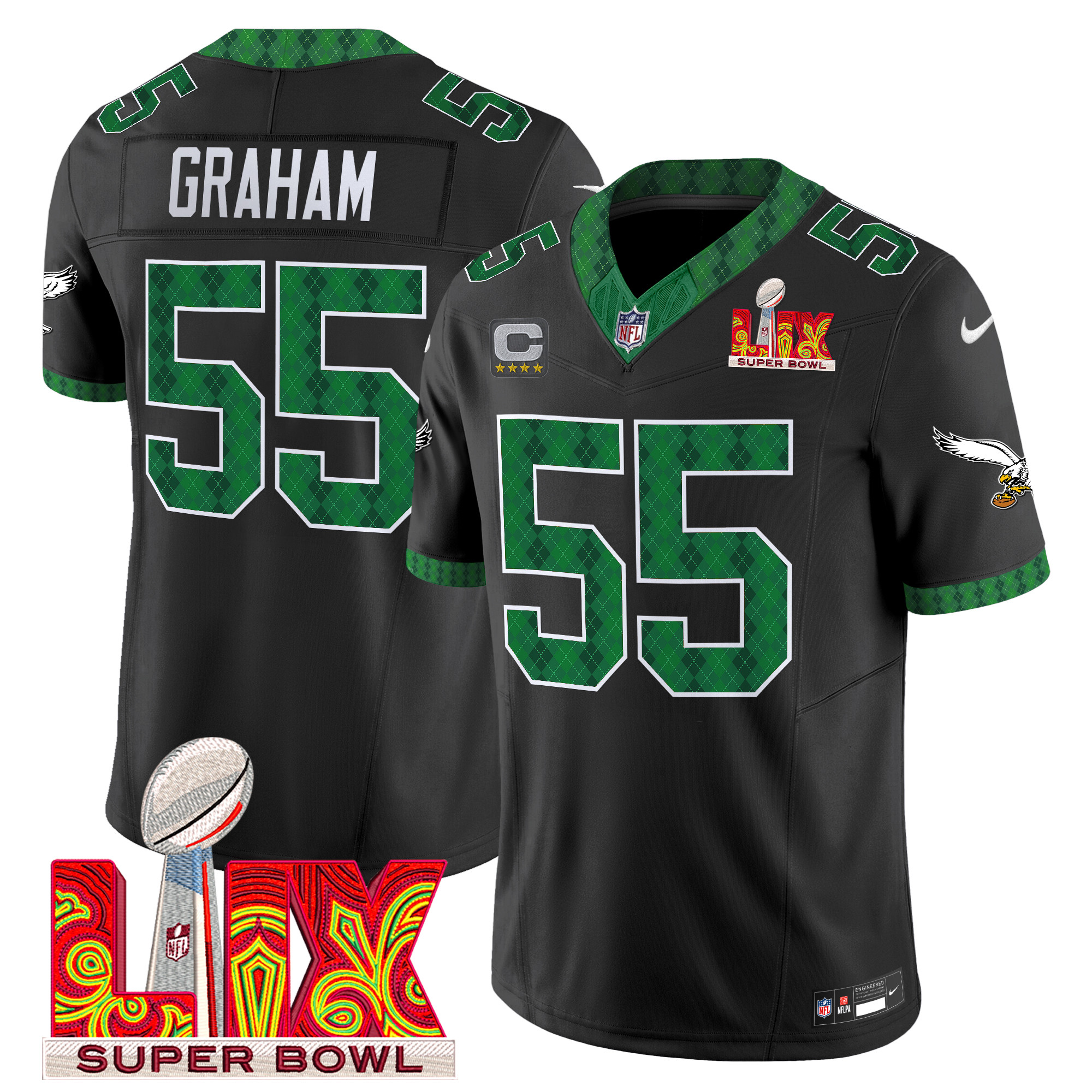 Brandon Graham Men's Philadelphia Eagles Kelly Green St. Patrick's Day Super Bowl LIX Patch Vapor Limited Black Jersey - All Stitched
