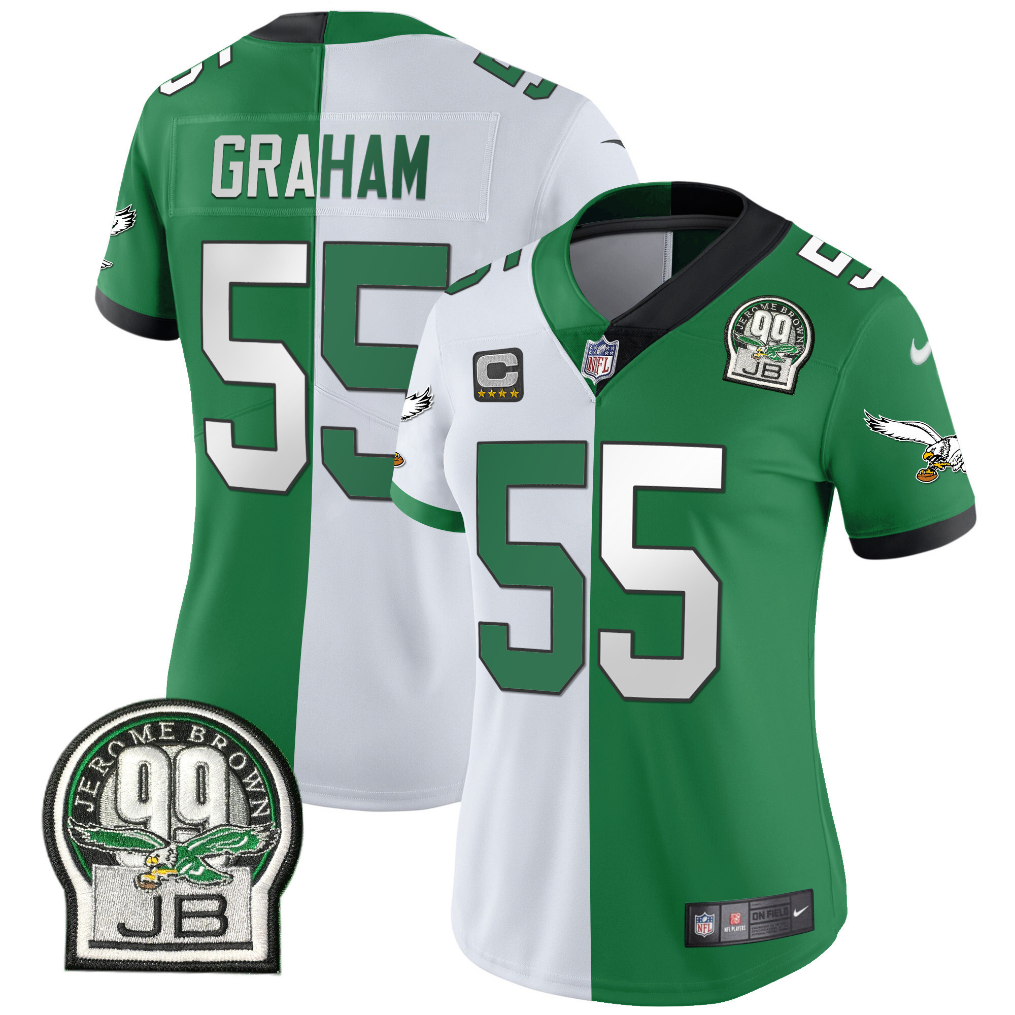 Brandon Graham Women's Philadelphia Eagles Jerome Brown Retired Patch Gold & Kelly Split Jersey - All Stitched