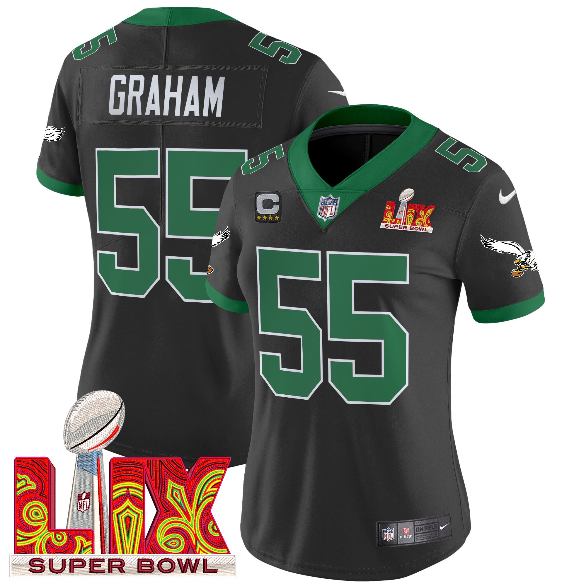 Brandon Graham Women's Philadelphia Eagles Kelly Green Super Bowl LIX Patch Vapor Limited Black Jersey - All Stitched