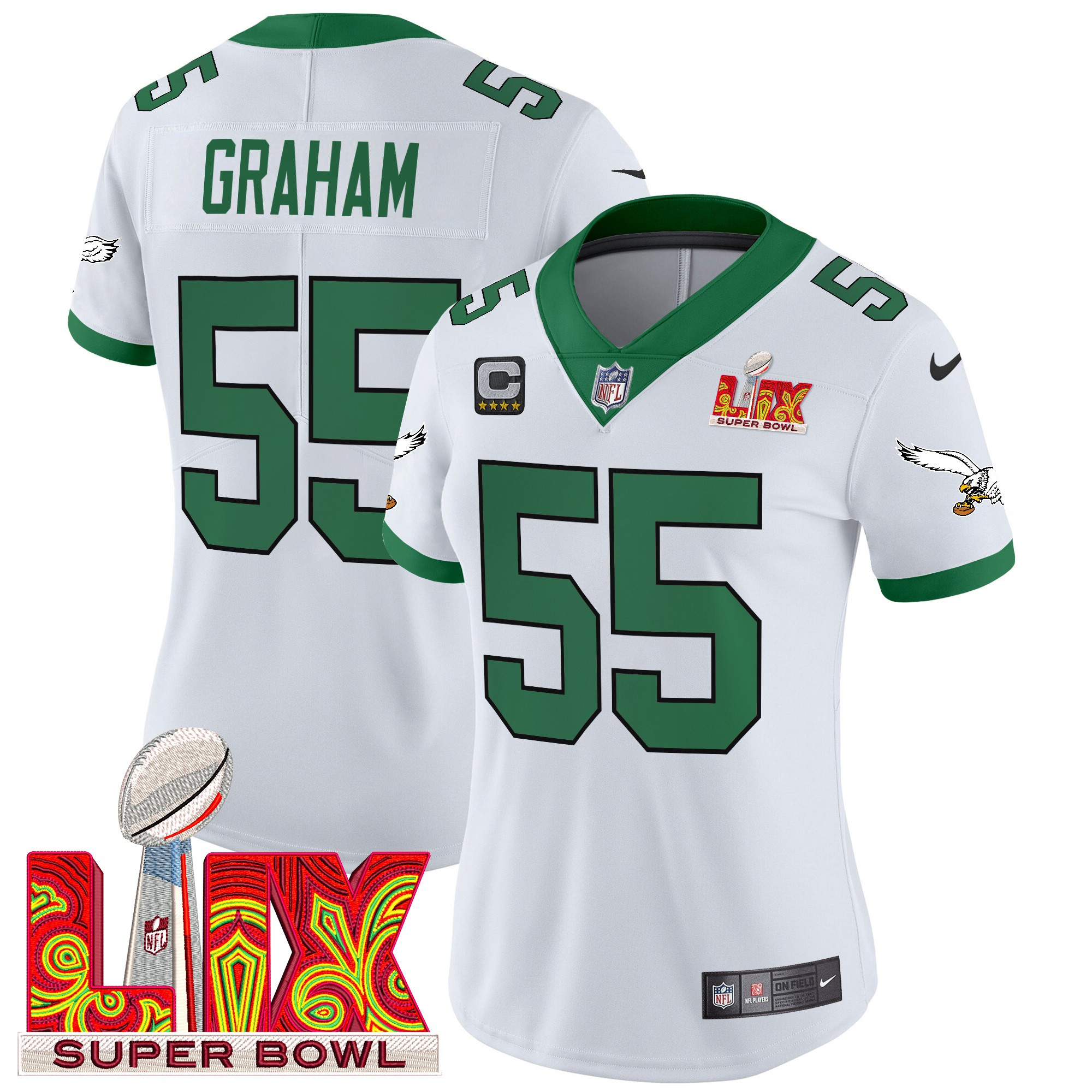 Brandon Graham Women's Philadelphia Eagles Kelly Green Super Bowl LIX Patch Vapor Limited Kelly White Jersey - All Stitched
