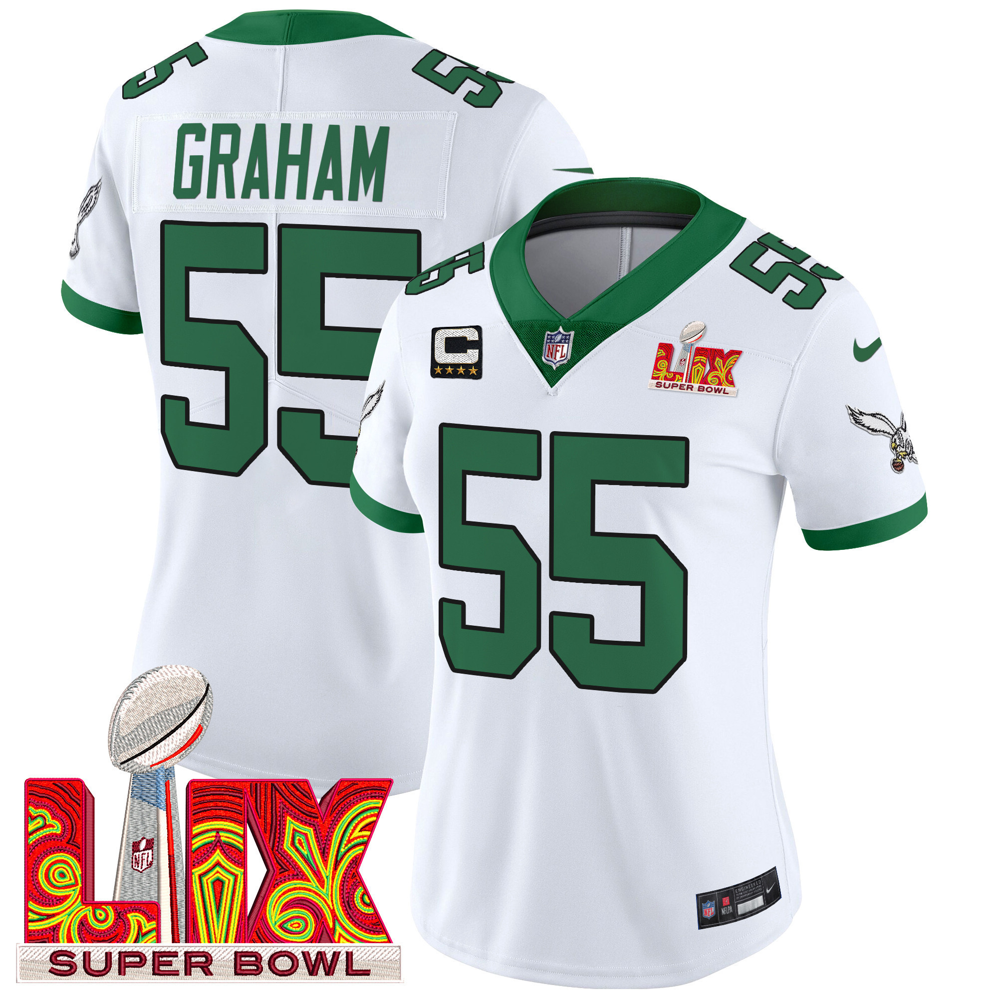 Brandon Graham Women's Philadelphia Eagles Super Bowl LIX Patch Vapor Limited Kelly White Jersey - All Stitched