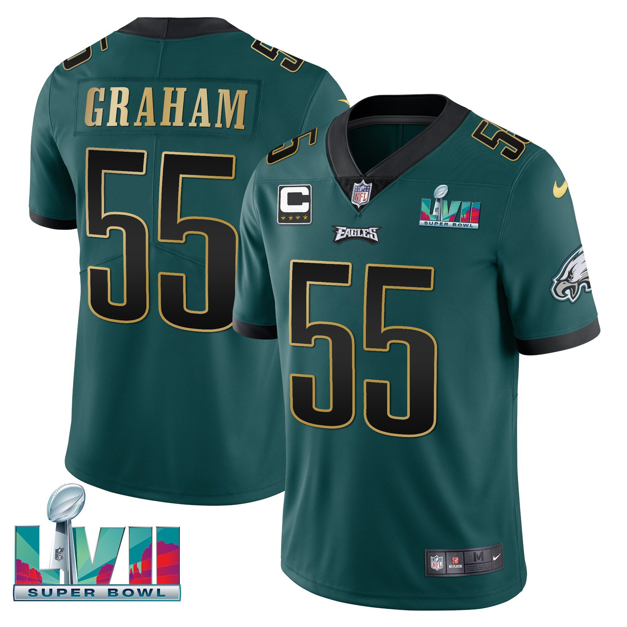 Brandon Graham Youth's Philadelphia Eagles Super Bowl Patch Vapor Green Gold Trim Jersey - All Stitched