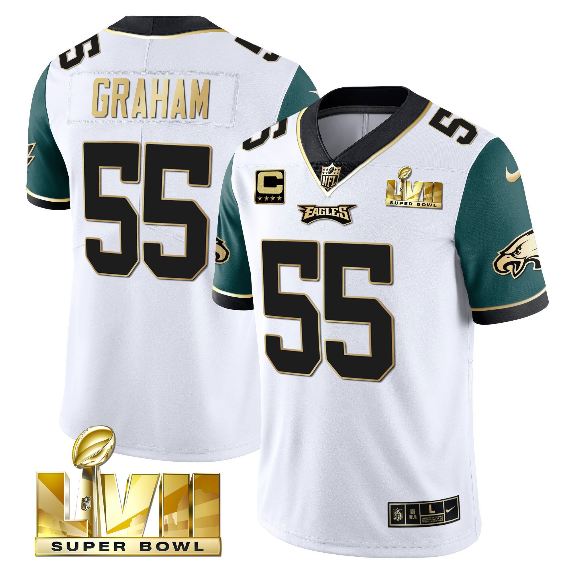 Brandon Graham Youth's Philadelphia Eagles Super Bowl Vapor Gold Midnight Green Sleeves Jersey - All Stitched