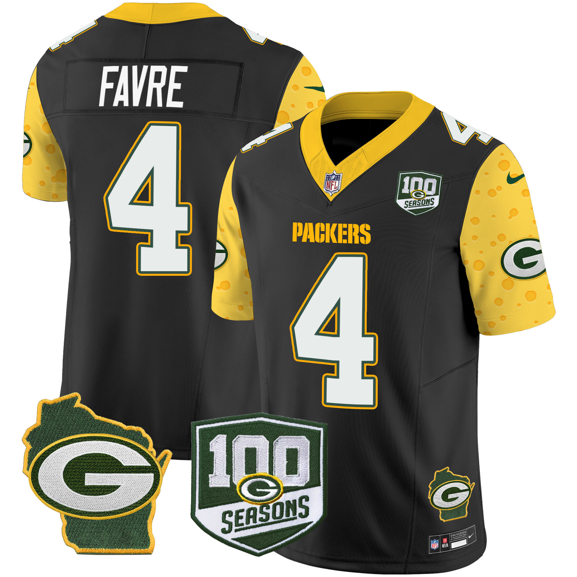 Brett Favre Men's Green Bay Packers 100th Season & Home Patch Cheese Vapor Limited Jersey Ã¢â‚¬â€œ All Stitched Black Jersey - All Stitched