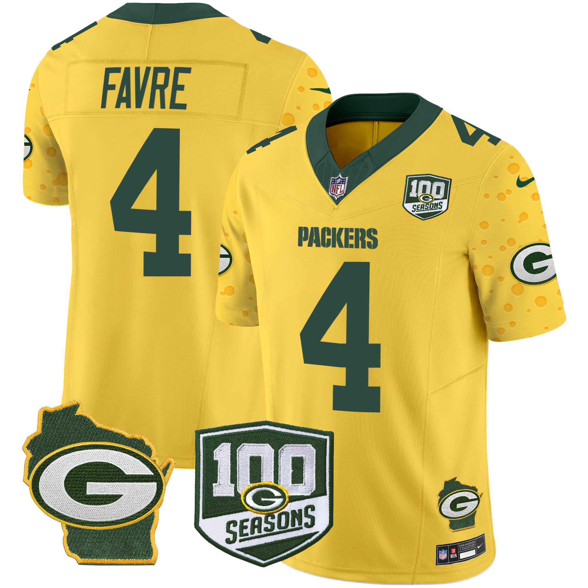 Brett Favre Men's Green Bay Packers 100th Season & Home Patch Cheese Vapor Limited Jersey ÃƒÂ¢Ã¢â€šÂ¬Ã¢â‚¬Å“ All Stitched Gold Jersey - All Stitched