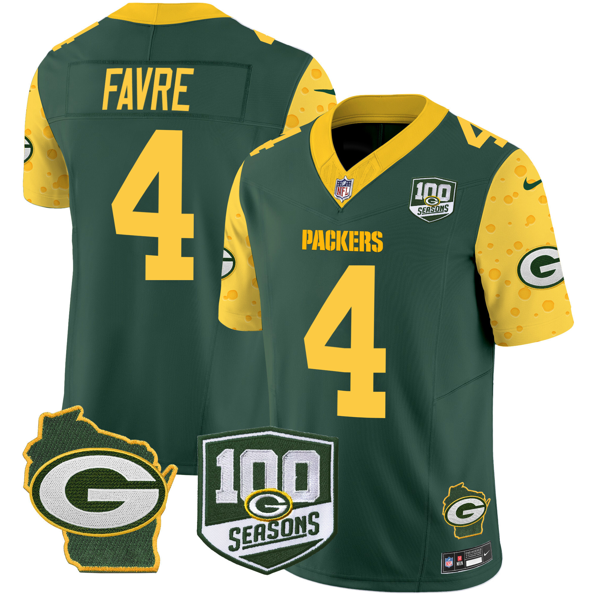 Brett Favre Men's Green Bay Packers 100th Season & Home Patch Cheese Vapor Limited Jersey ÃƒÂ¢Ã¢â€šÂ¬Ã¢â‚¬Å“ All Stitched Green Jersey - All Stitched