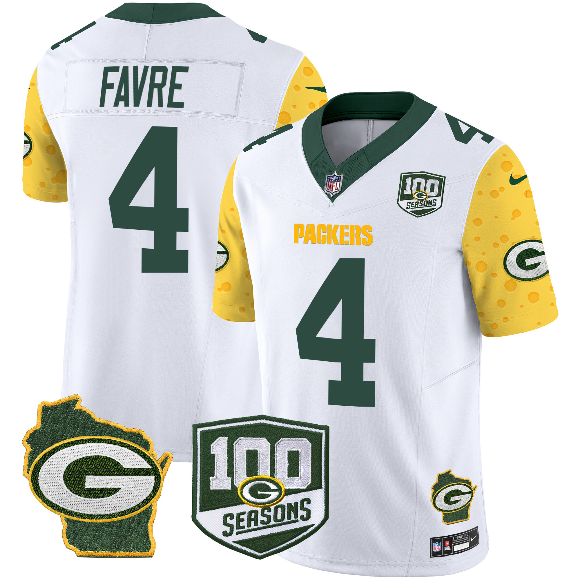 Brett Favre Men's Green Bay Packers 100th Season & Home Patch Cheese Vapor Limited Jersey Ã¢â‚¬â€œ All Stitched White Jersey - All Stitched