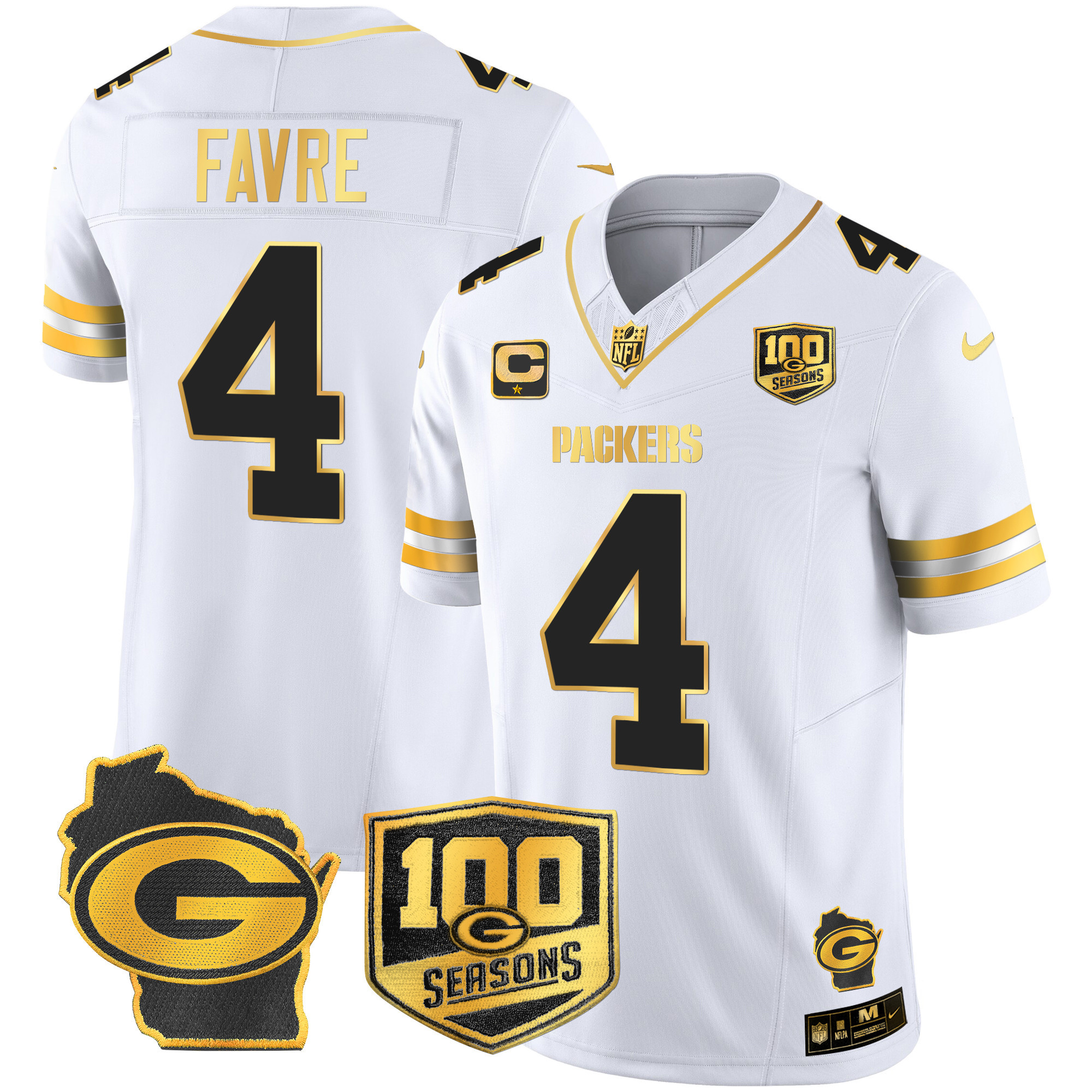 Brett Favre Men's Green Bay Packers 100th Season & Home Patch Gold Vapor Limited Jersey ÃƒÂ¢Ã¢â€šÂ¬Ã¢â‚¬Å“ All Stitched White Gold Jersey - All Stitched