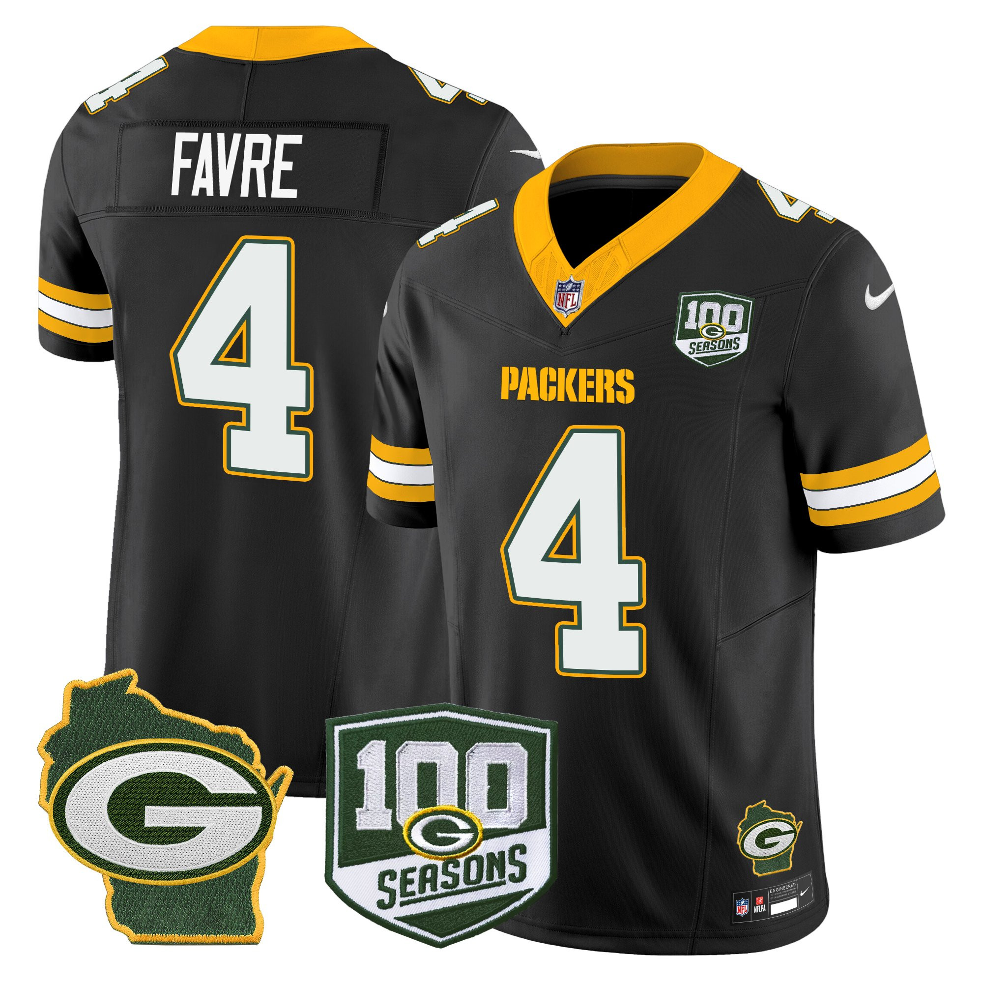Brett Favre Men's Green Bay Packers 100th Season & Home Patch Vapor Limited Black Jersey - All Stitched