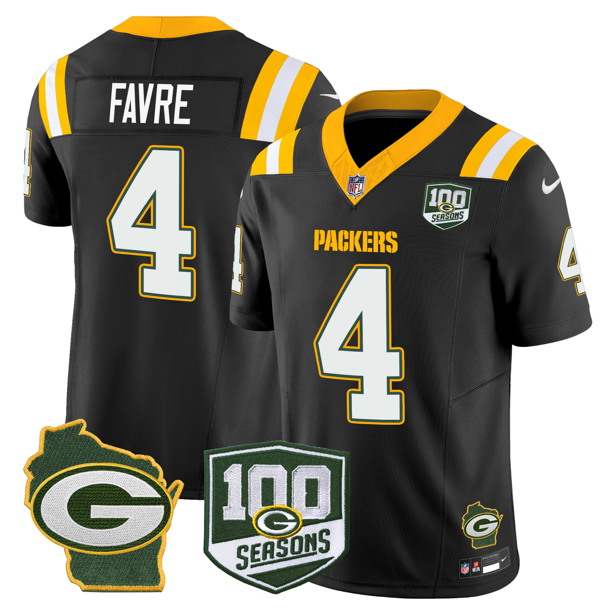 Brett Favre Men's Green Bay Packers 100th Season & Home Patch Vapor Limited Black Jersey - All Stitched