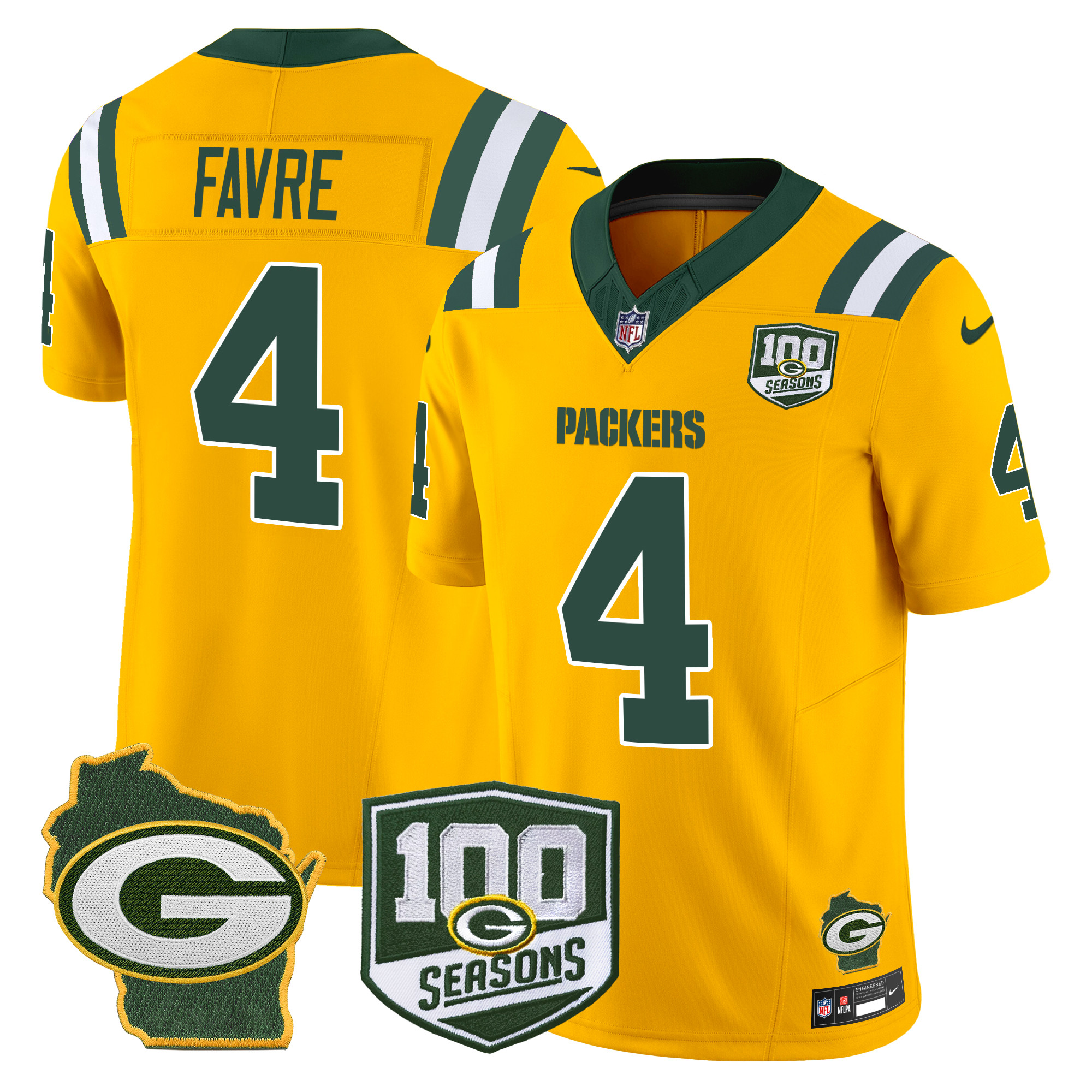 Brett Favre Men's Green Bay Packers 100th Season & Home Patch Vapor Limited Gold Jersey - All Stitched