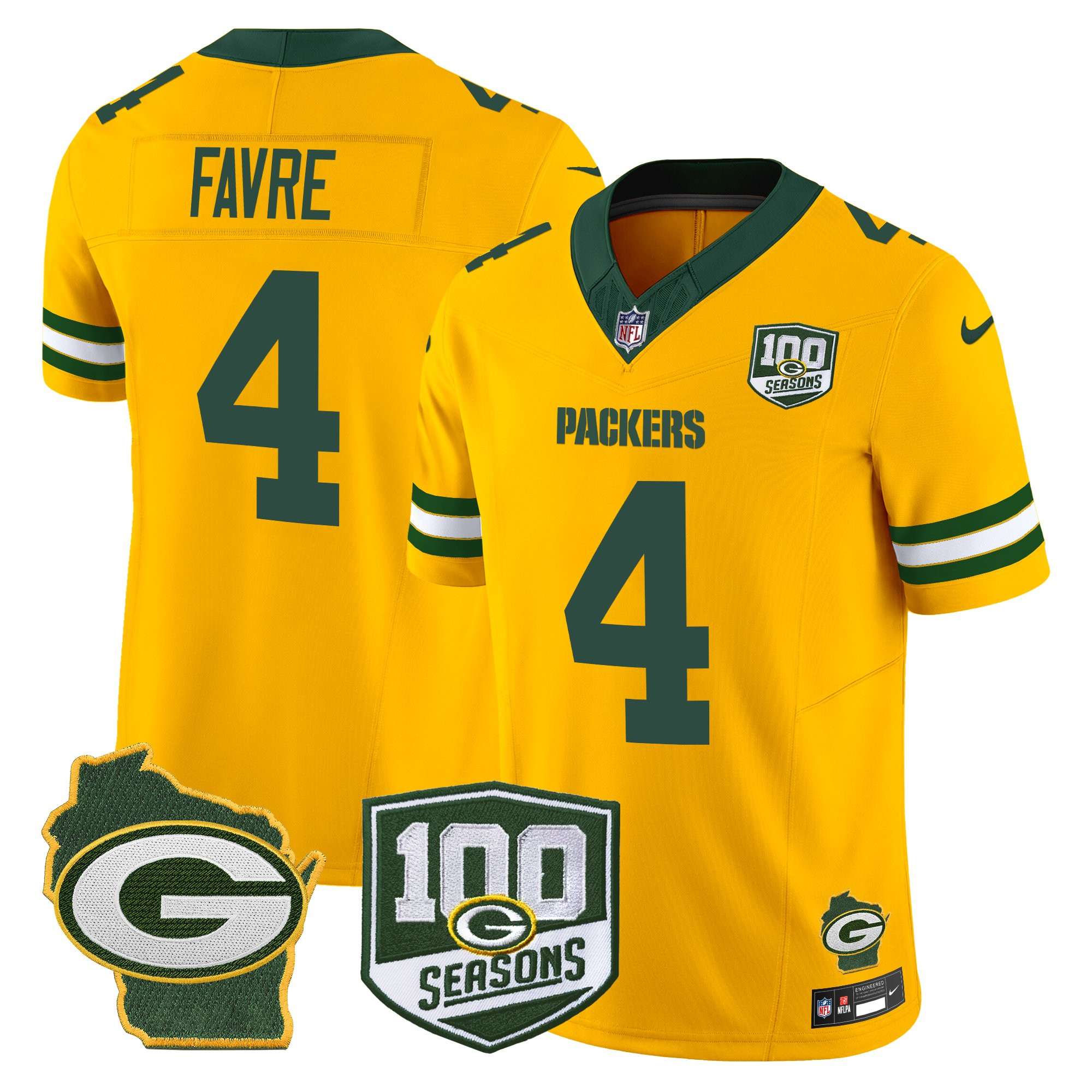 Brett Favre Men's Green Bay Packers 100th Season & Home Patch Vapor Limited Gold Jersey - All Stitched
