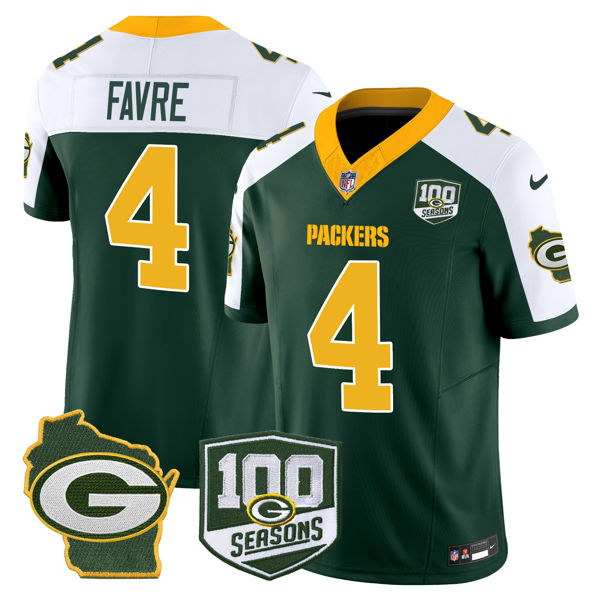 Brett Favre Men's Green Bay Packers 100th Season & Home Patch Vapor Limited Green Alternate Jersey - All Stitched