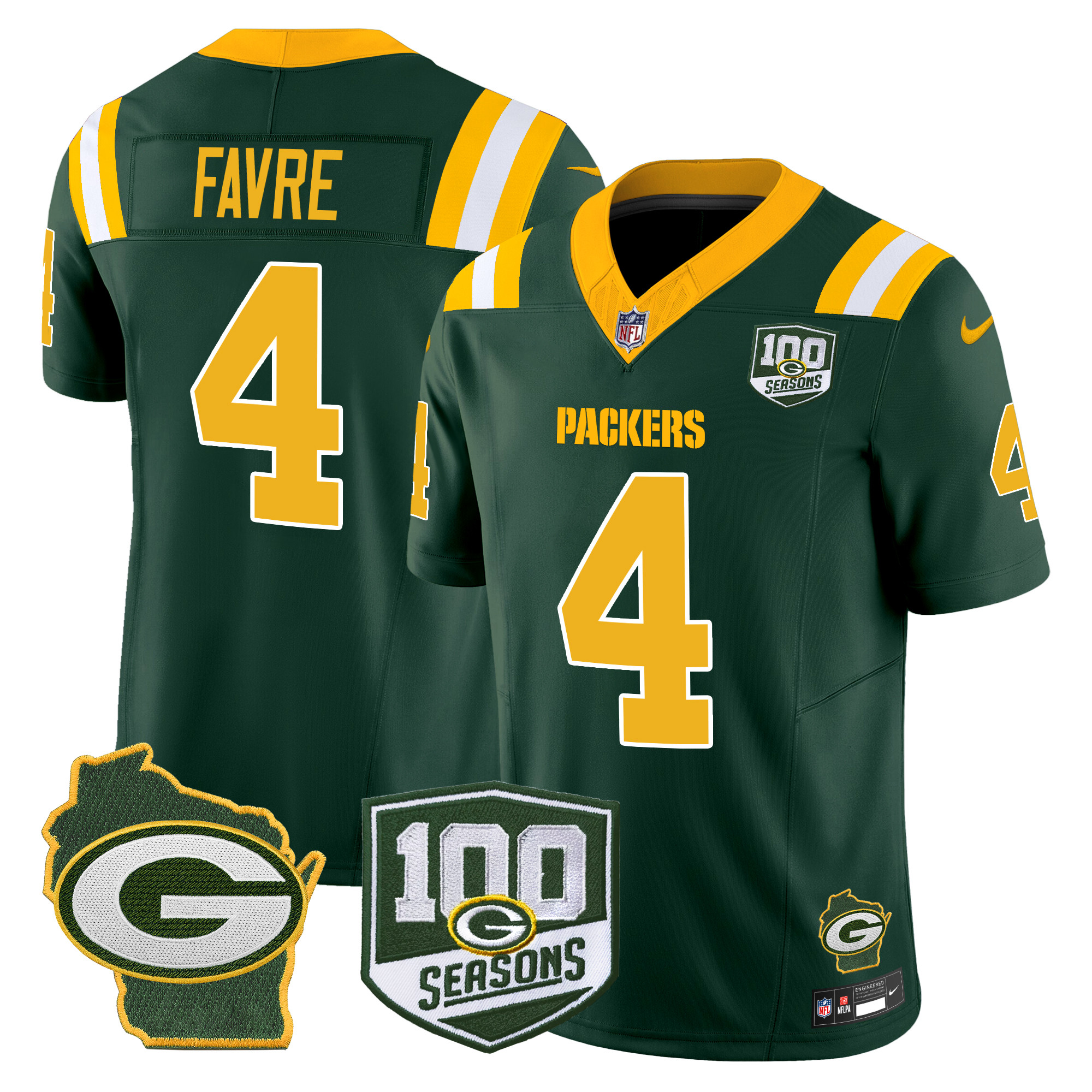 Brett Favre Men's Green Bay Packers 100th Season & Home Patch Vapor Limited Green Jersey - All Stitched