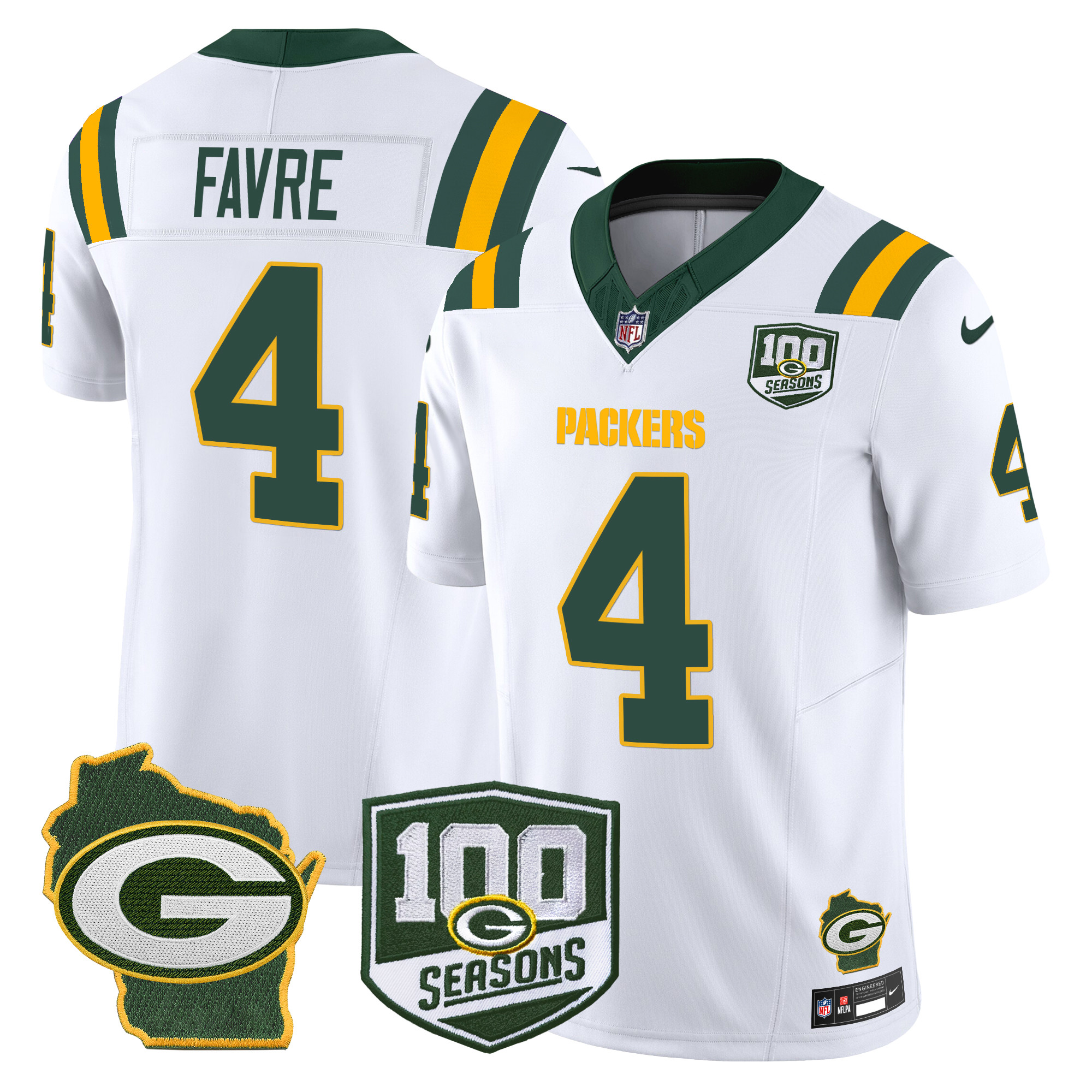 Brett Favre Men's Green Bay Packers 100th Season & Home Patch Vapor Limited White Jersey - All Stitched