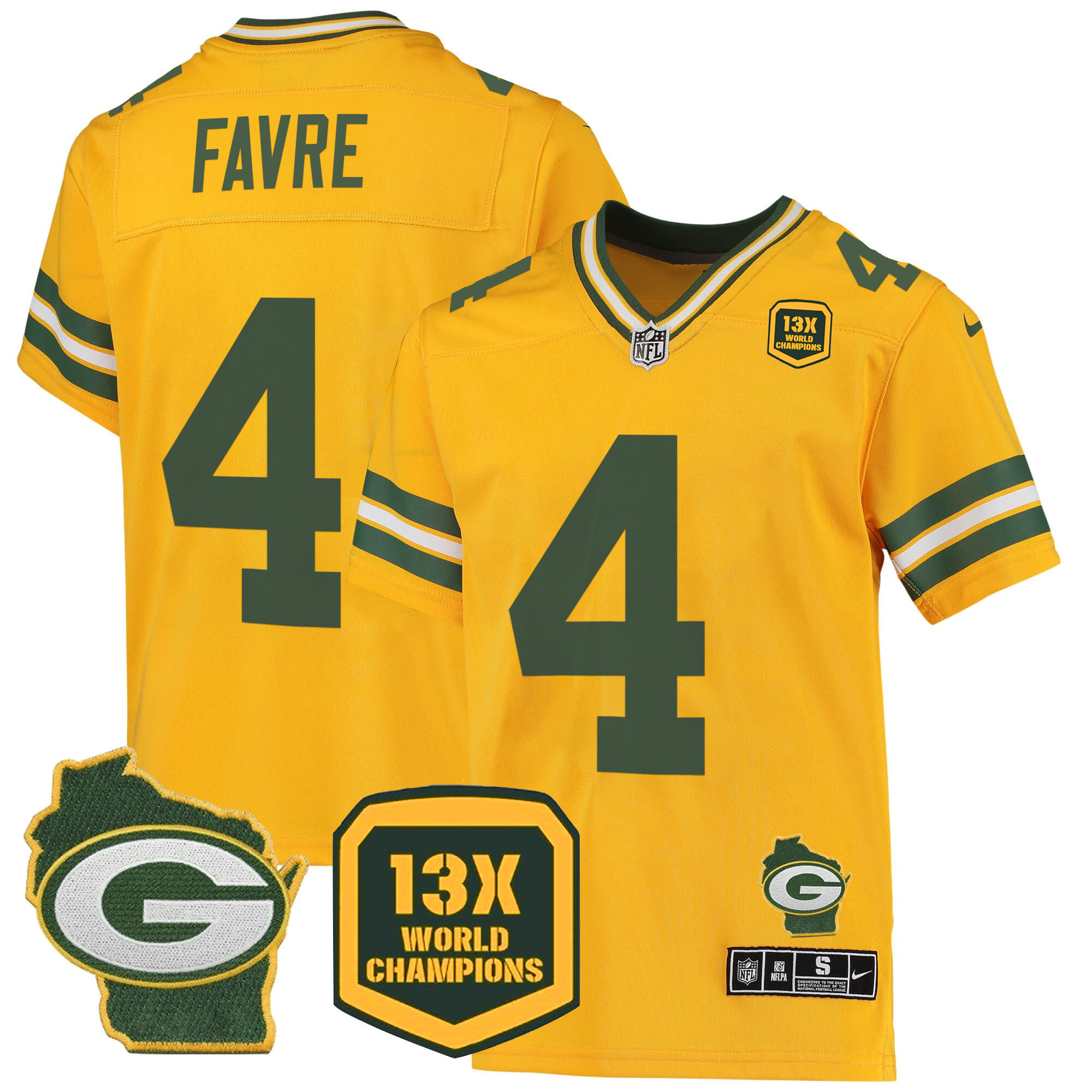 Brett Favre Men's Green Bay Packers 13 Time World Champions & Home Patch Game Jersey Ã¯Â¿Â½ All Stitched Gold Jersey - All Stitched