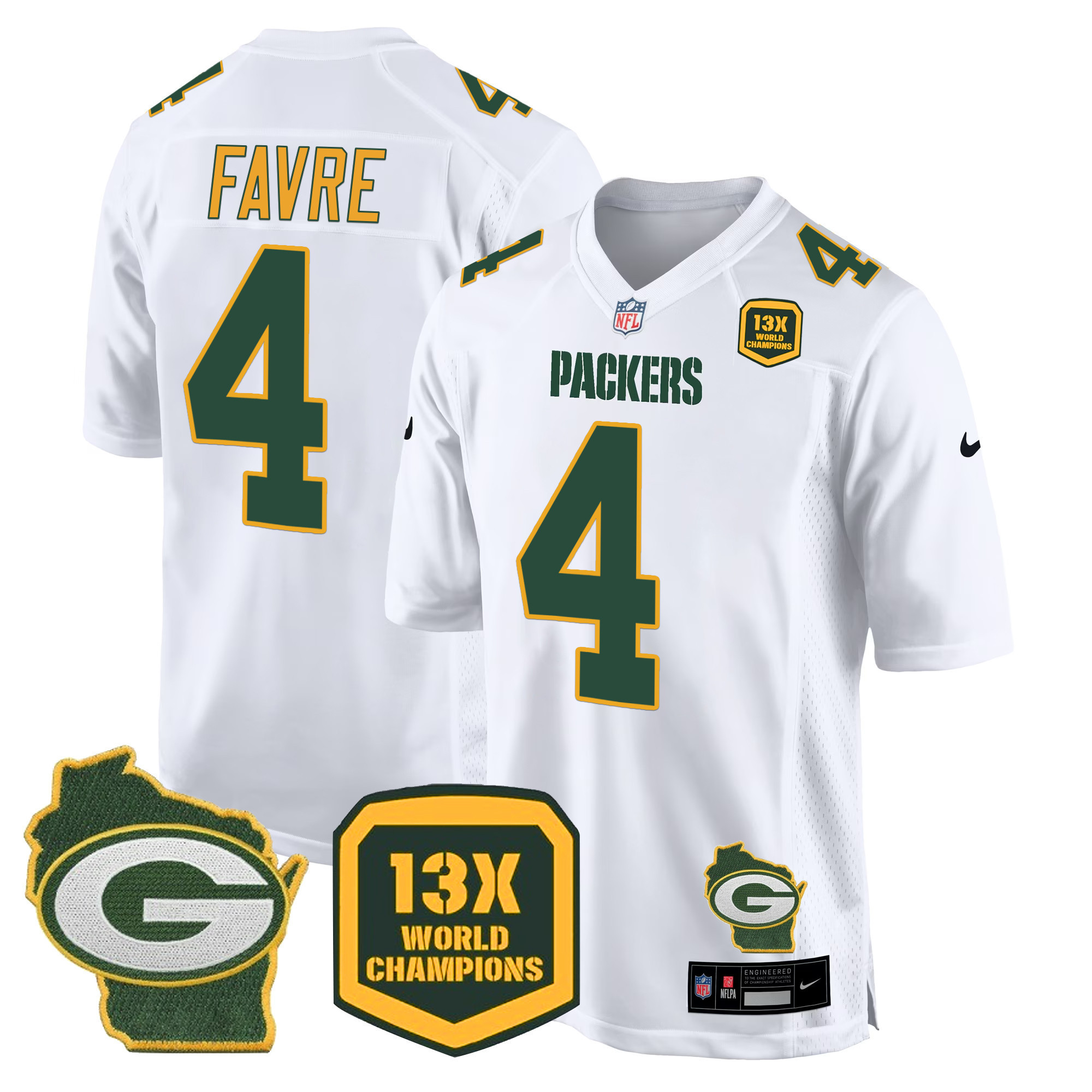 Brett Favre Men's Green Bay Packers 13 Time World Champions & Home Patch Game Jersey Ã¯Â¿Â½ All Stitched White Jersey - All Stitched