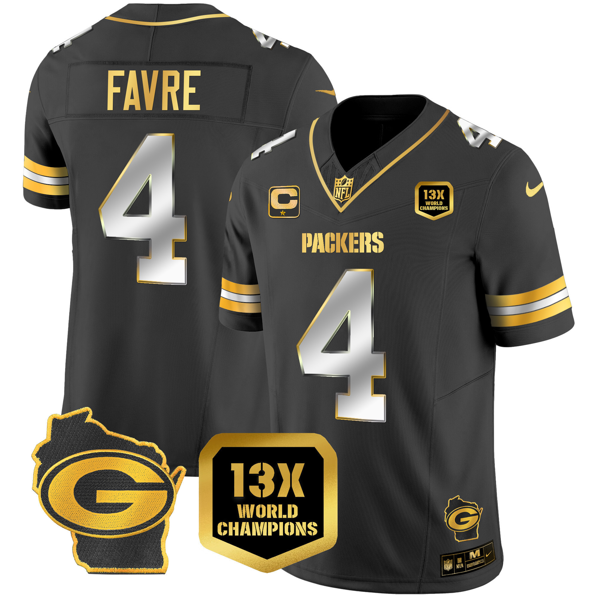 Brett Favre Men's Green Bay Packers 13 Time World Champions & Home Patch Gold Vapor Jersey Ã¯Â¿Â½ All Stitched Black Limited Jersey - All Stitched