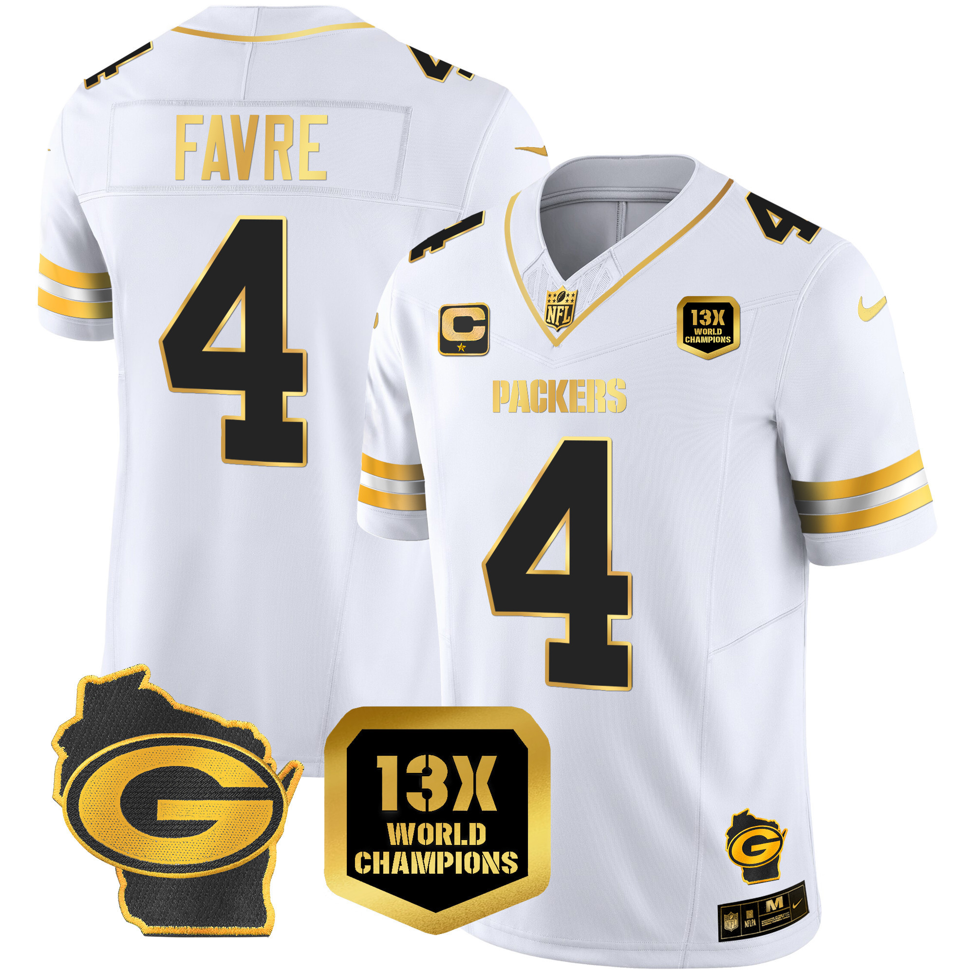 Brett Favre Men's Green Bay Packers 13 Time World Champions & Home Patch Gold Vapor Jersey Ã¯Â¿Â½ All Stitched White Gold Jersey - All Stitched