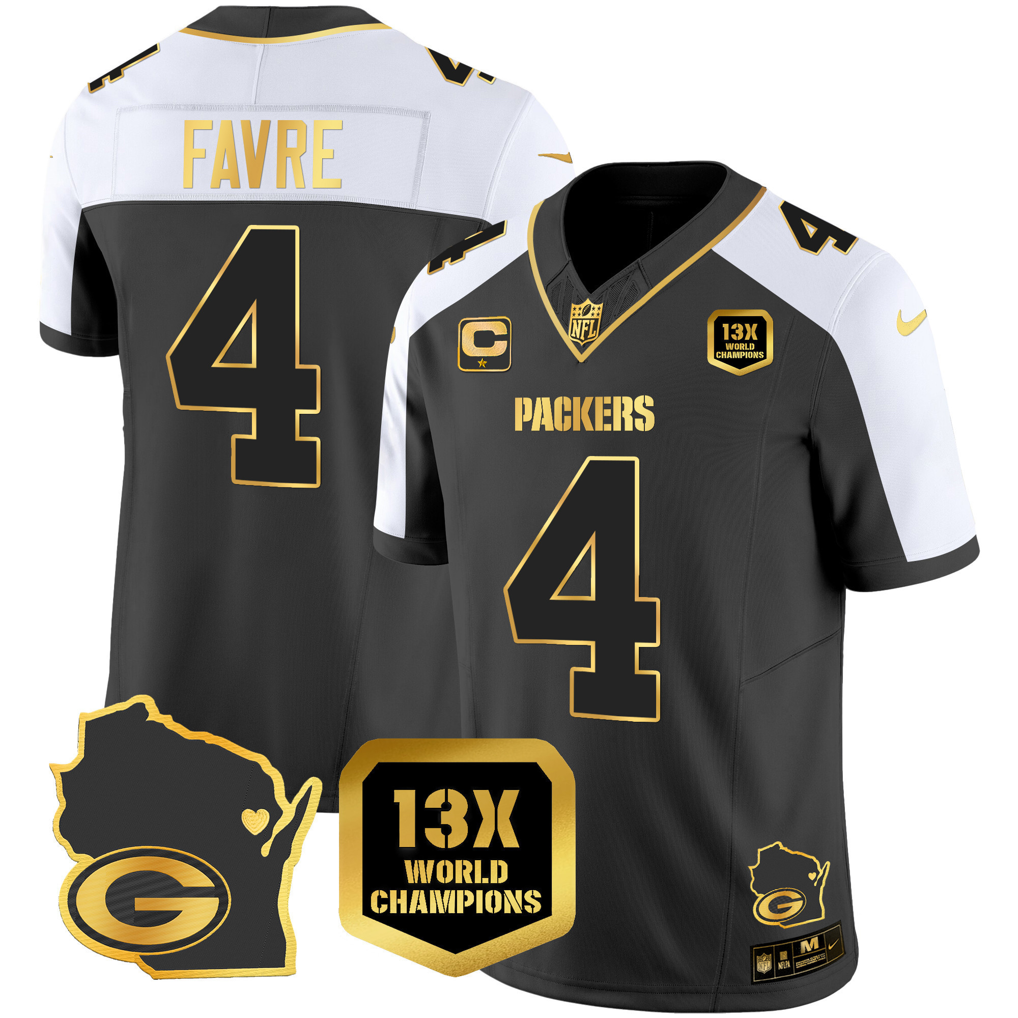 Brett Favre Men's Green Bay Packers 13 Time World Champions & Home Patch Gold Vapor Jersey V2 Ã¯Â¿Â½ All Stitched Alternate Jersey - All Stitched