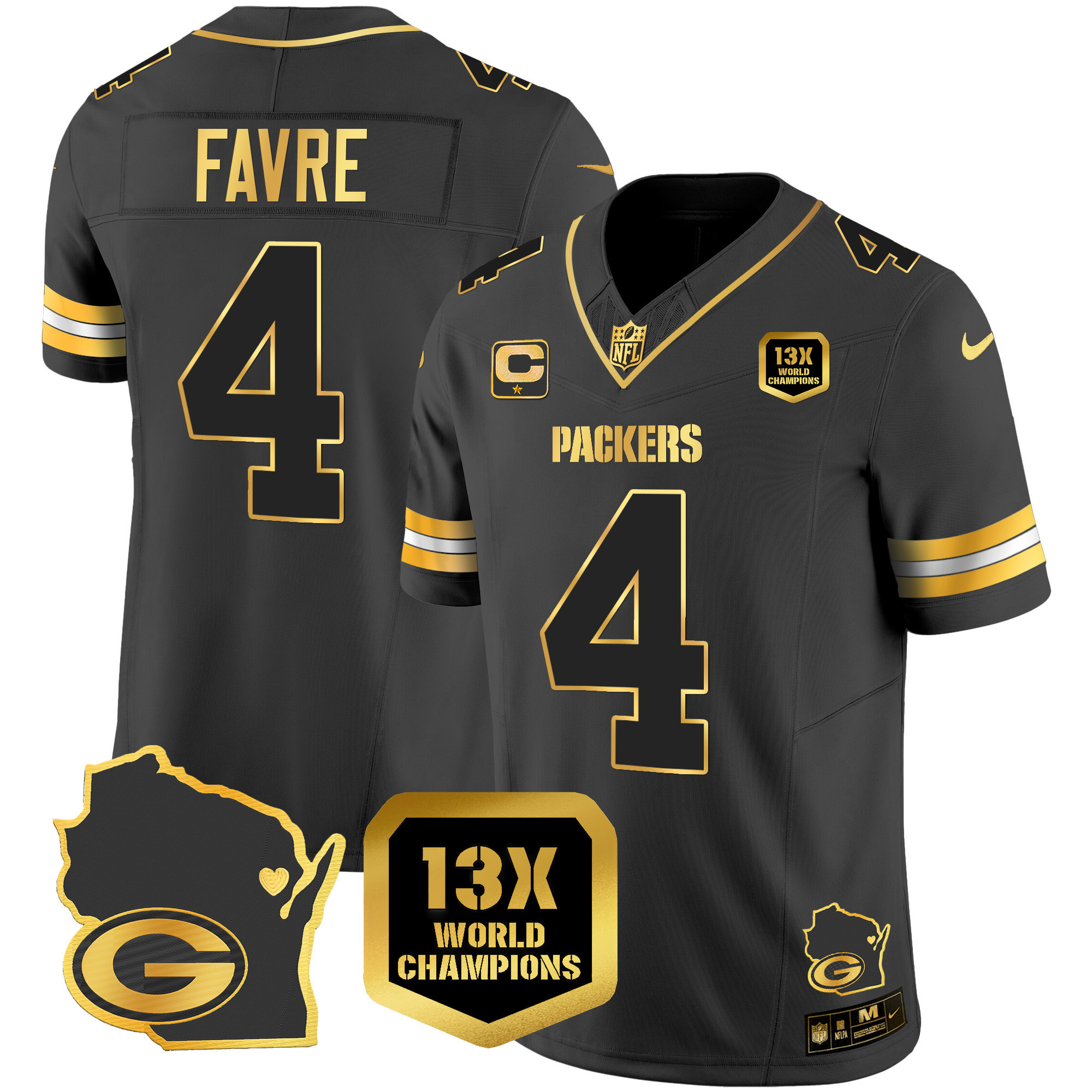Brett Favre Men's Green Bay Packers 13 Time World Champions & Home Patch Gold Vapor Jersey V2 Ã¯Â¿Â½ All Stitched Black Gold Jersey - All Stitched