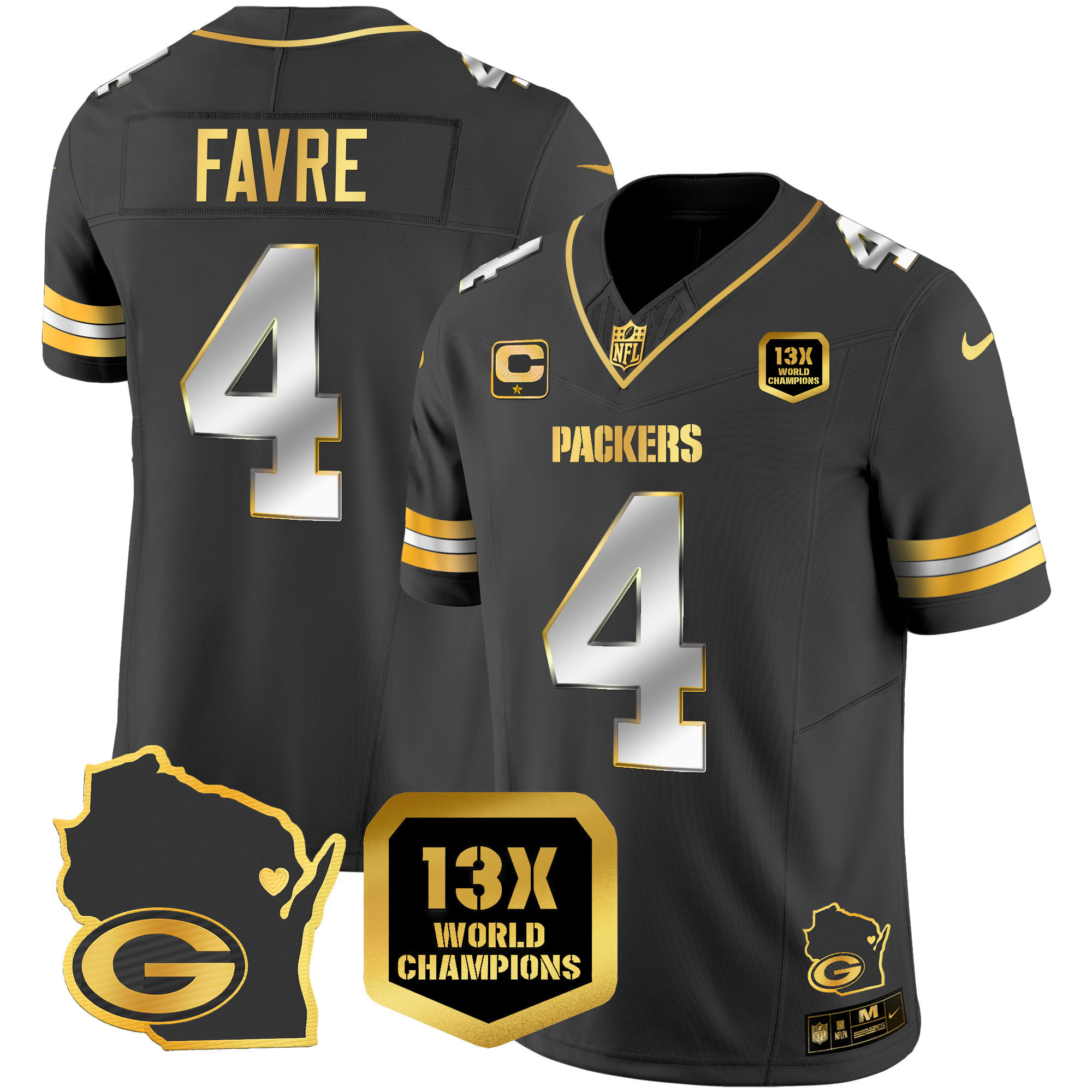 Brett Favre Men's Green Bay Packers 13 Time World Champions & Home Patch Gold Vapor Jersey V2 Ã¯Â¿Â½ All Stitched Black Limited Jersey - All Stitched