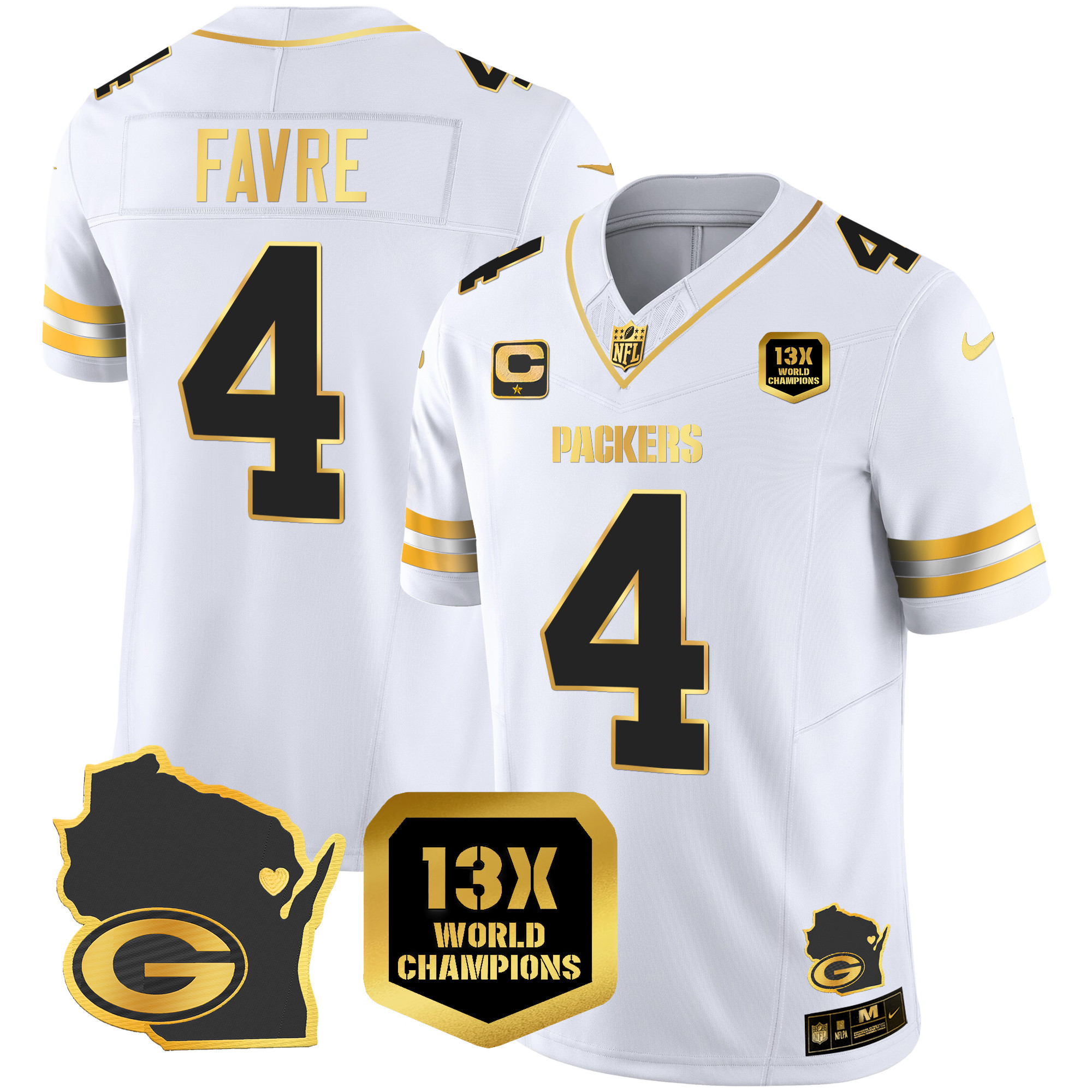 Brett Favre Men's Green Bay Packers 13 Time World Champions & Home Patch Gold Vapor Jersey V2 Ã¯Â¿Â½ All Stitched White Gold Jersey - All Stitched